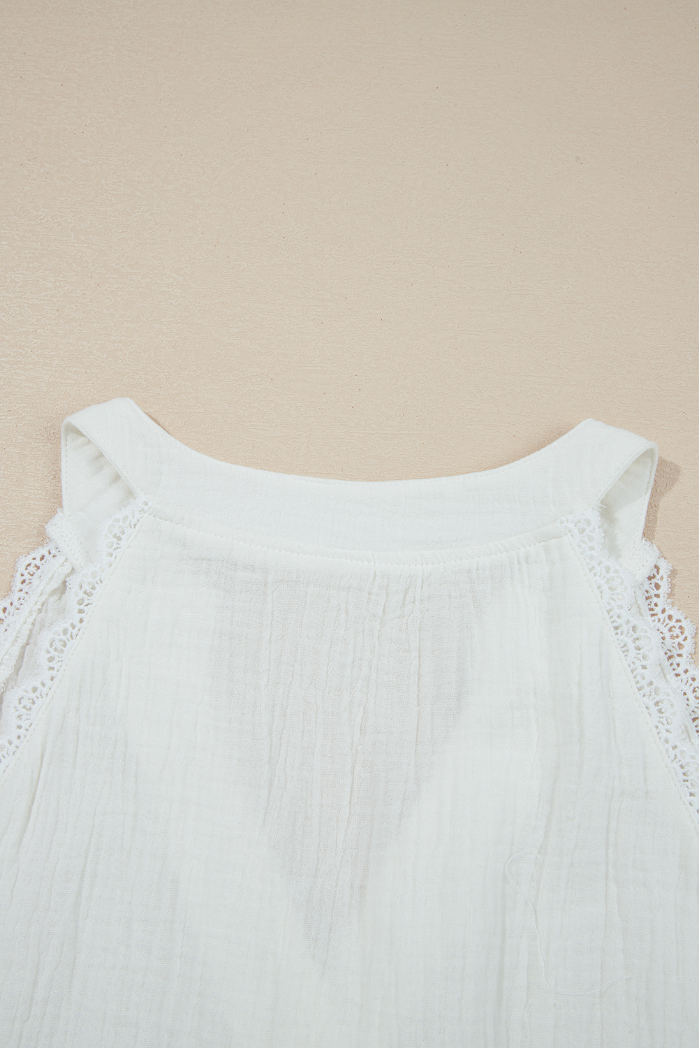 White Textured Lace Trim Pure Cotton Sleeveless Top