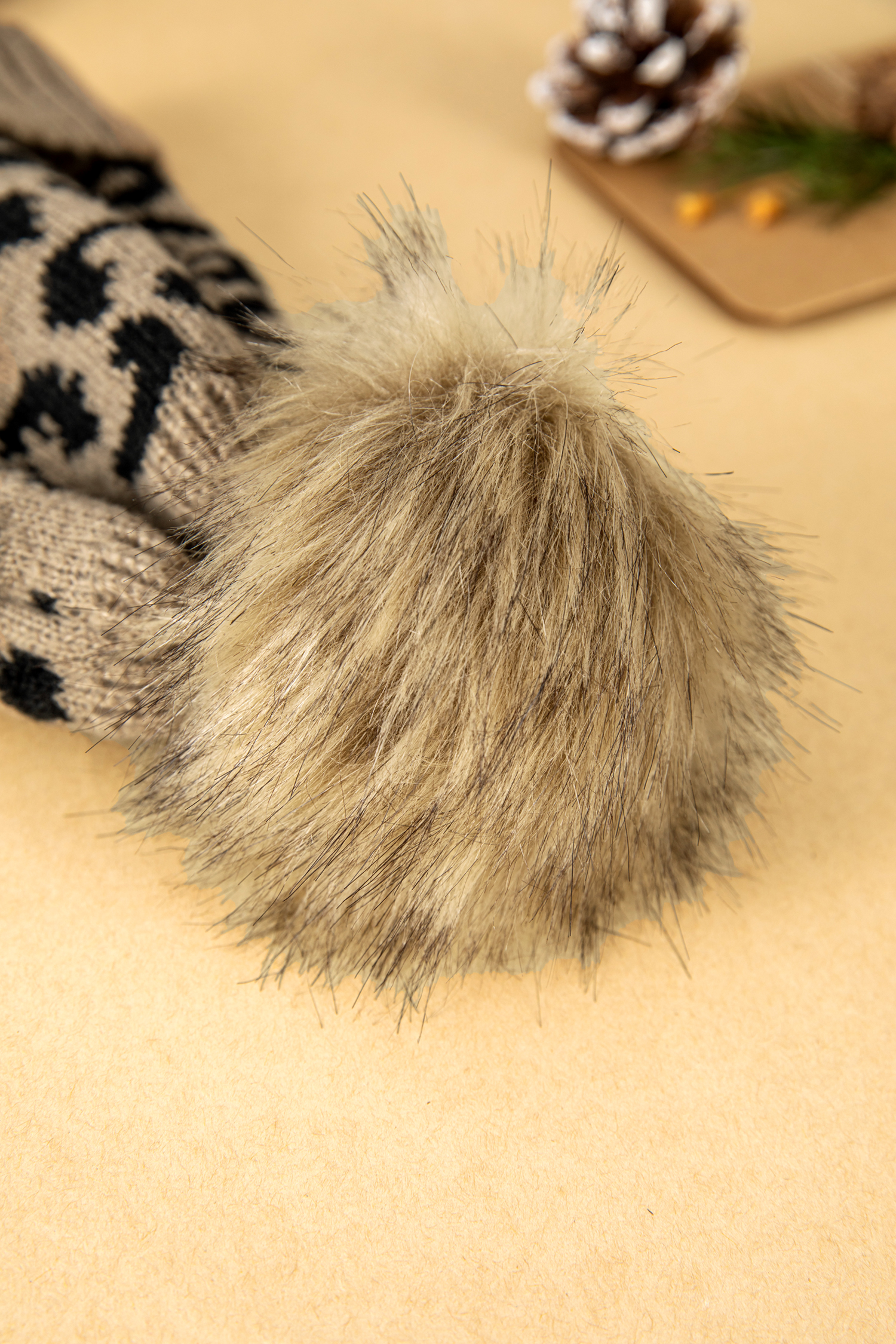 Light French Beige Faux Fur Pompom Leopard Knit Beanie