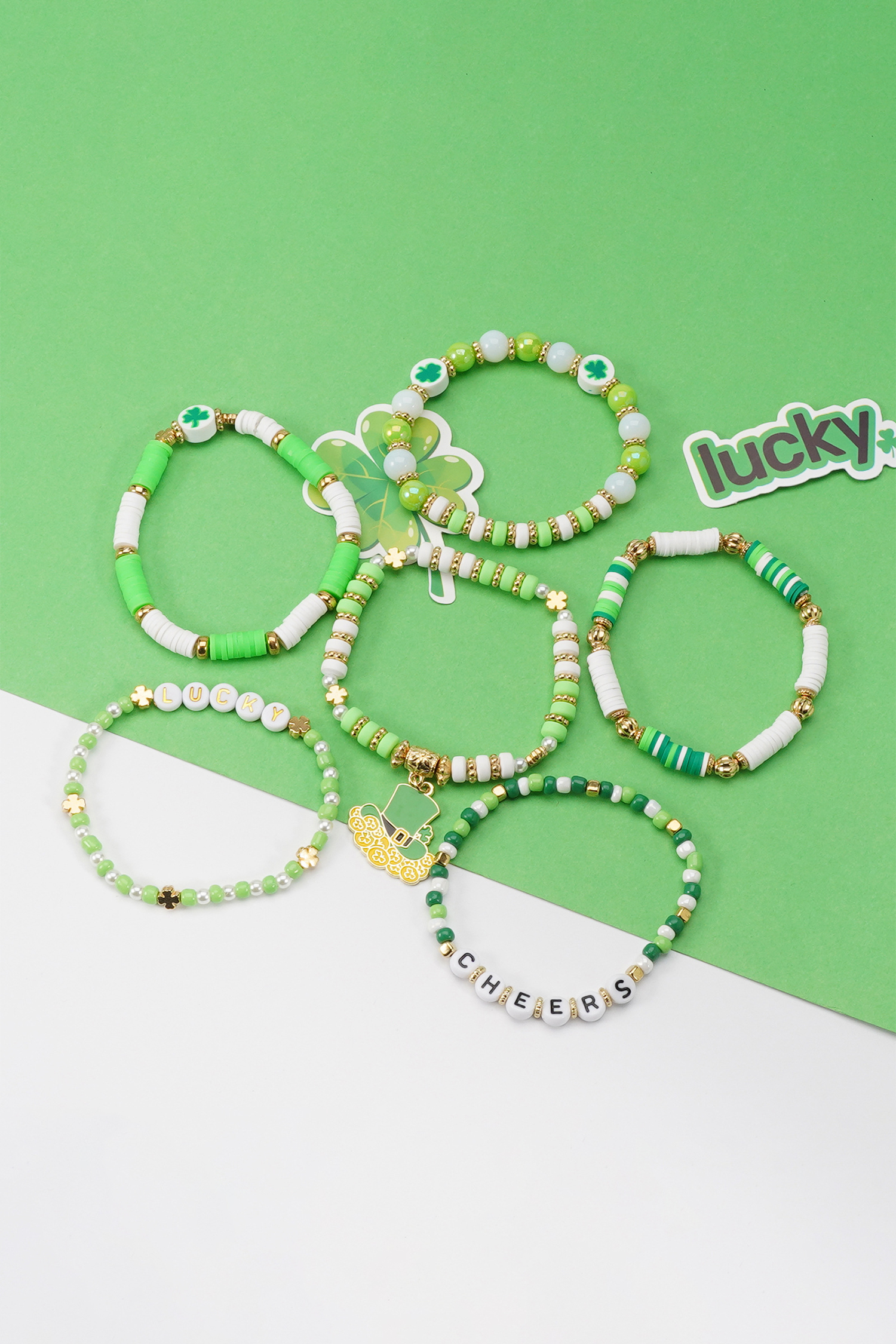 Green LUCKY CHEERS St Patricks Day Multilayered 6pcs Bracelet Set