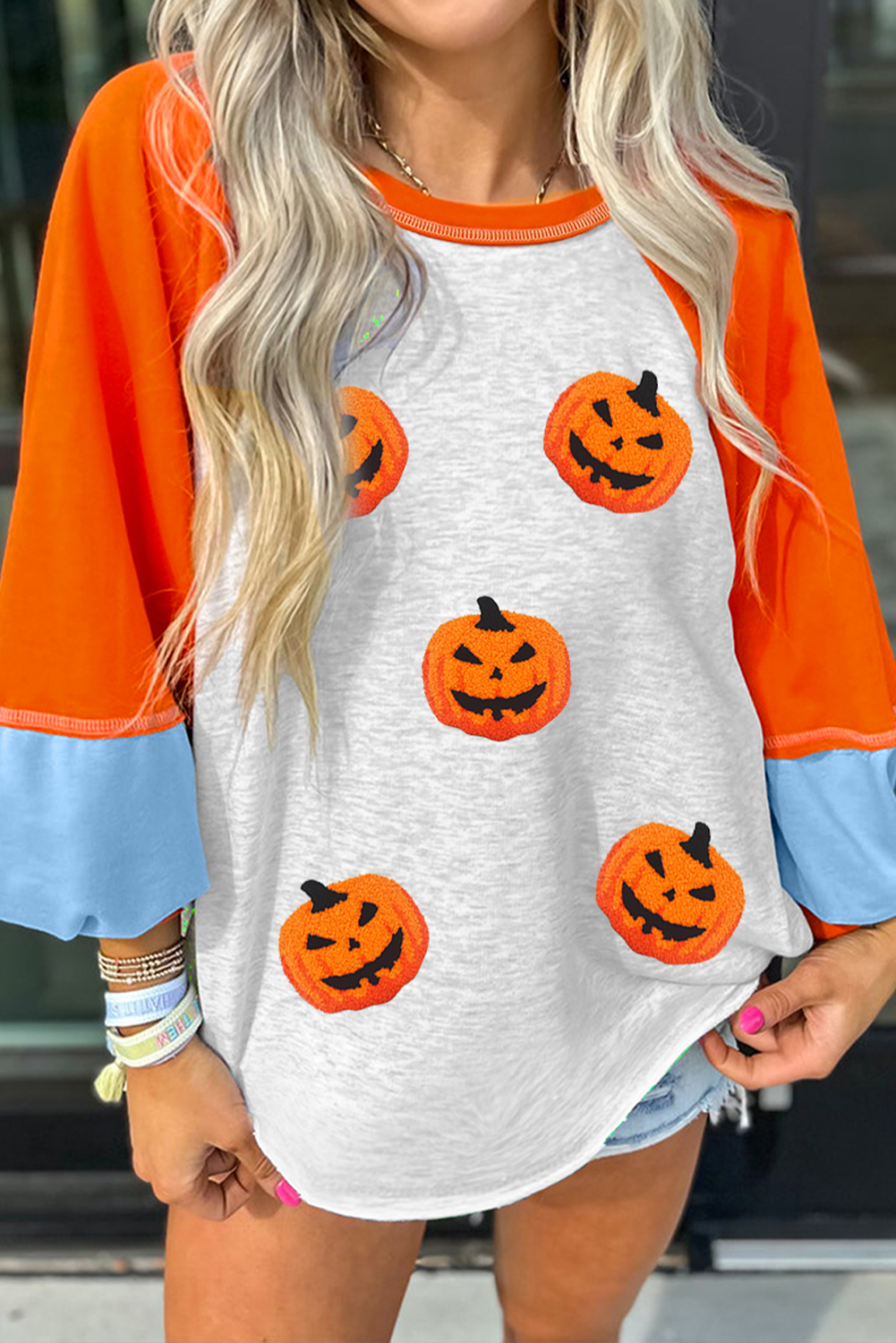 Light Grey Chenille Halloween Pumpkin Patched Color Block Patchwork Long Sleeve Top