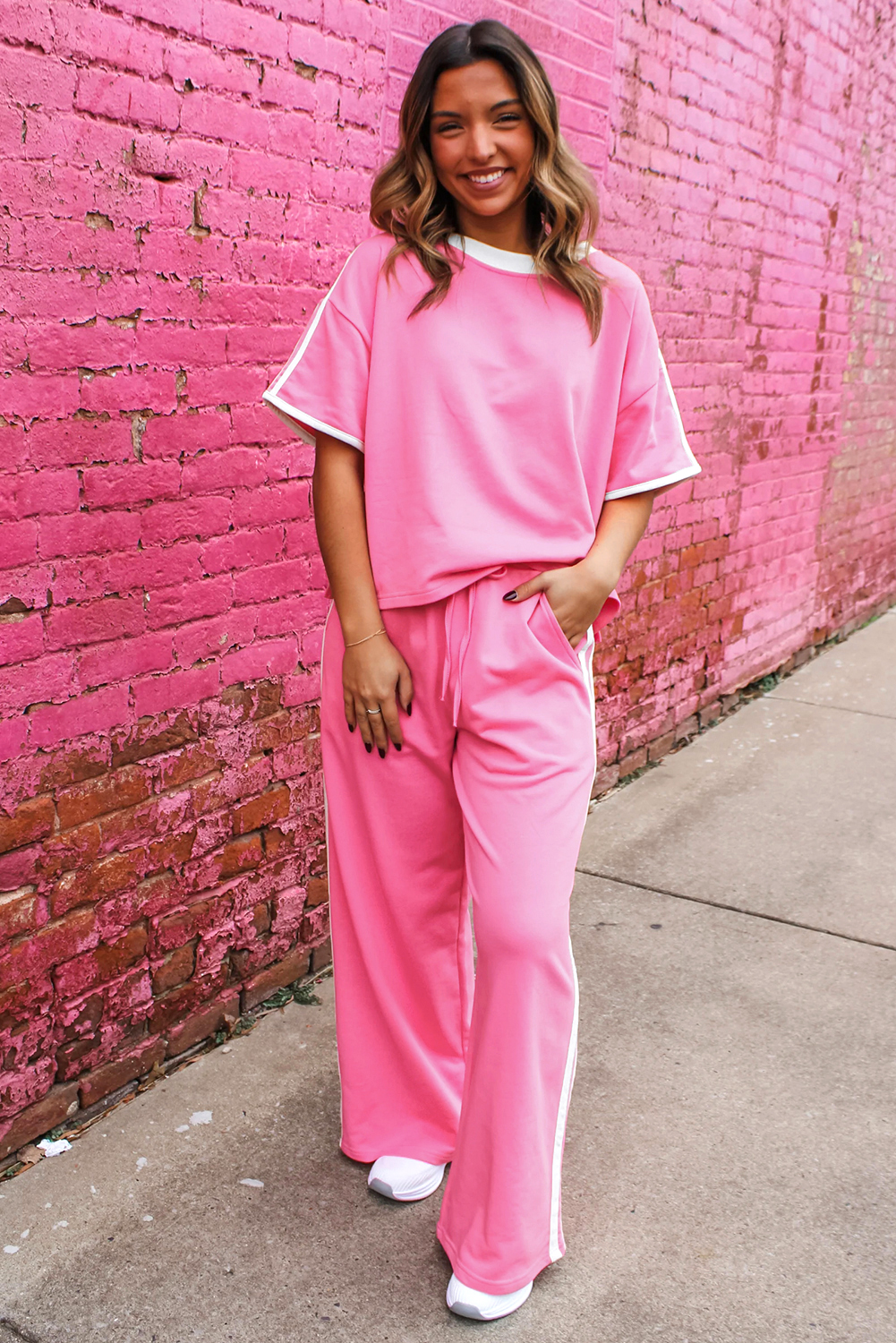 Sachet Pink Varsity Stripe Detail Casual Tee and Pants Leisure 2pcs Set