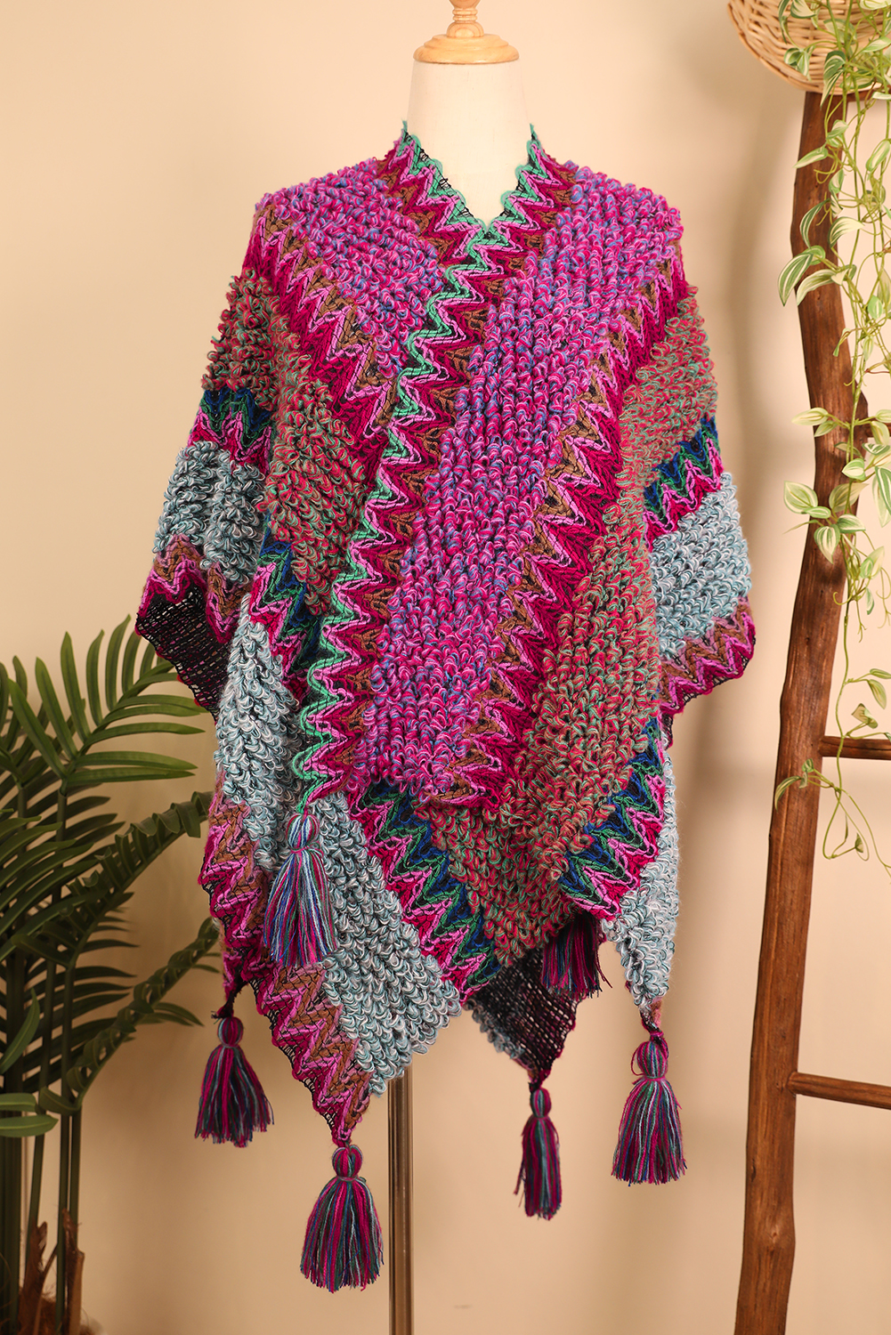 Rose Red Ethnic Knit Shawl Wrap Cape Sweater Thickened Tassel Poncho Cloak