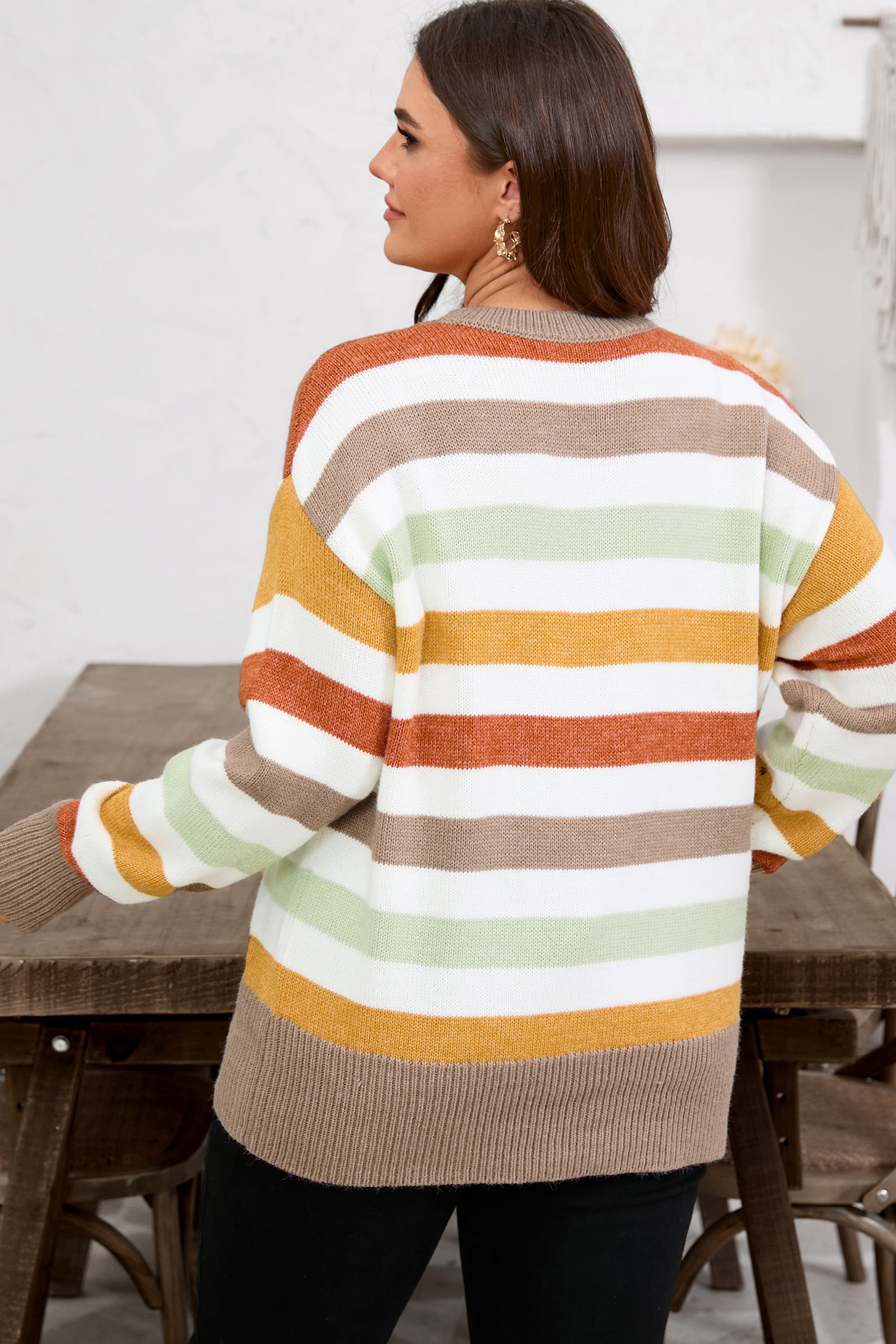 Multicolour Stripe Drop Shoulder Crew Neck Sweater