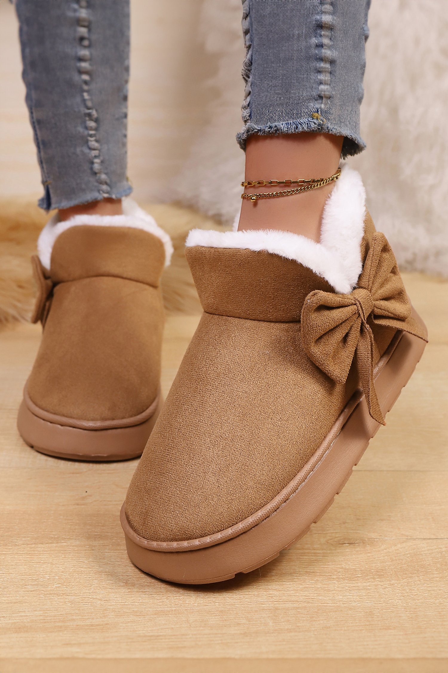 Brown Faux Suede Bow Decor Plush Lining Snow Booties