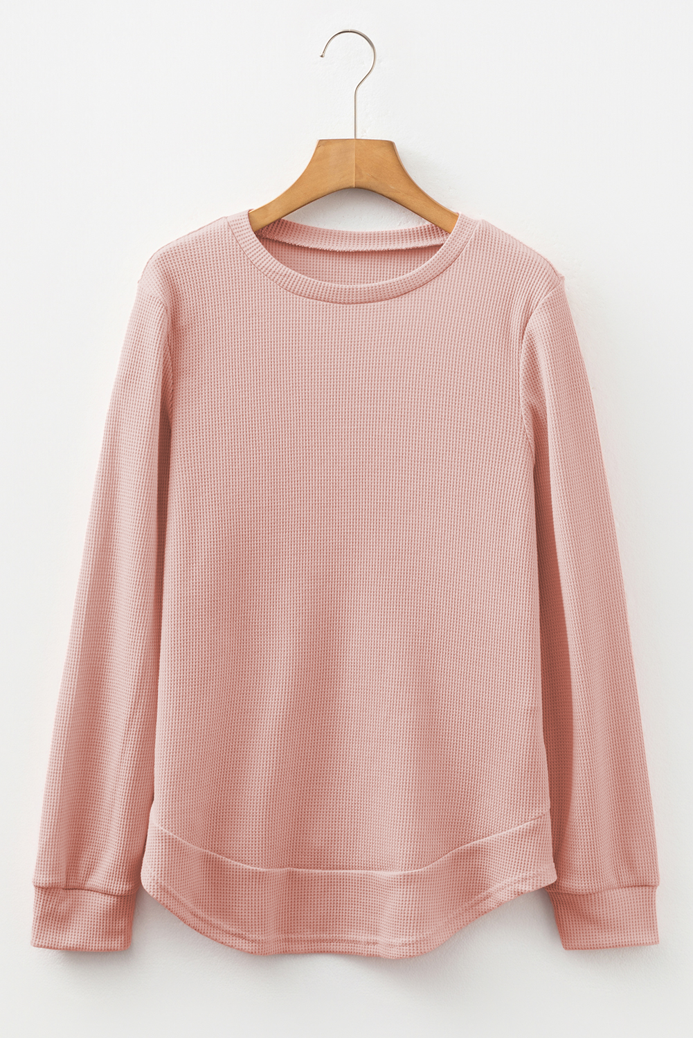 White Rounded Hem Waffle Long Sleeve Top