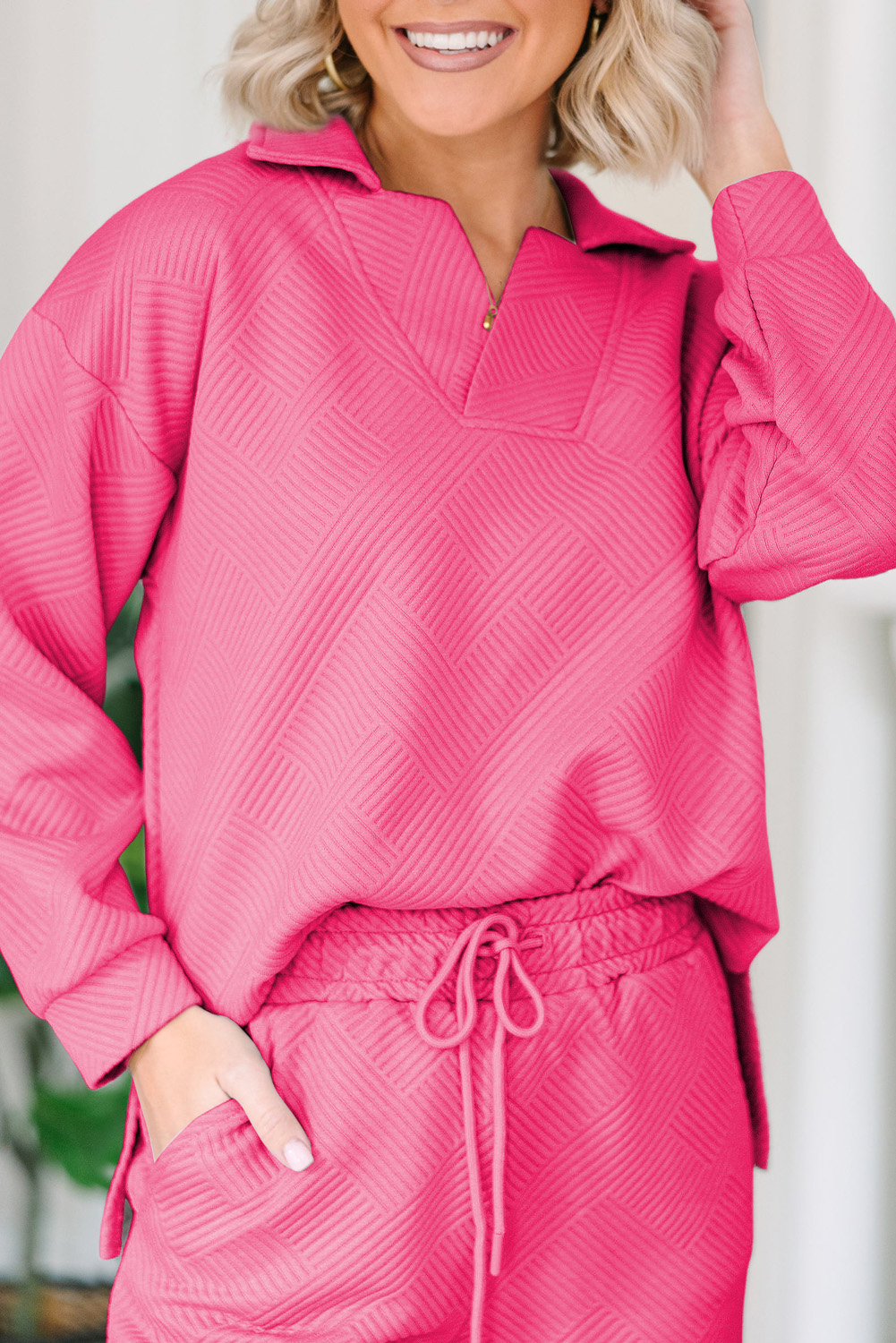 Sail Blue Solid Textured Collared V Neck Top and Wide Leg Pants Set