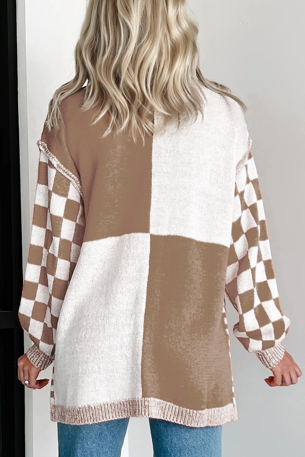 Brown Plus Size Checkered Bubble Sleeve Drop Shoulder Open Cardigan