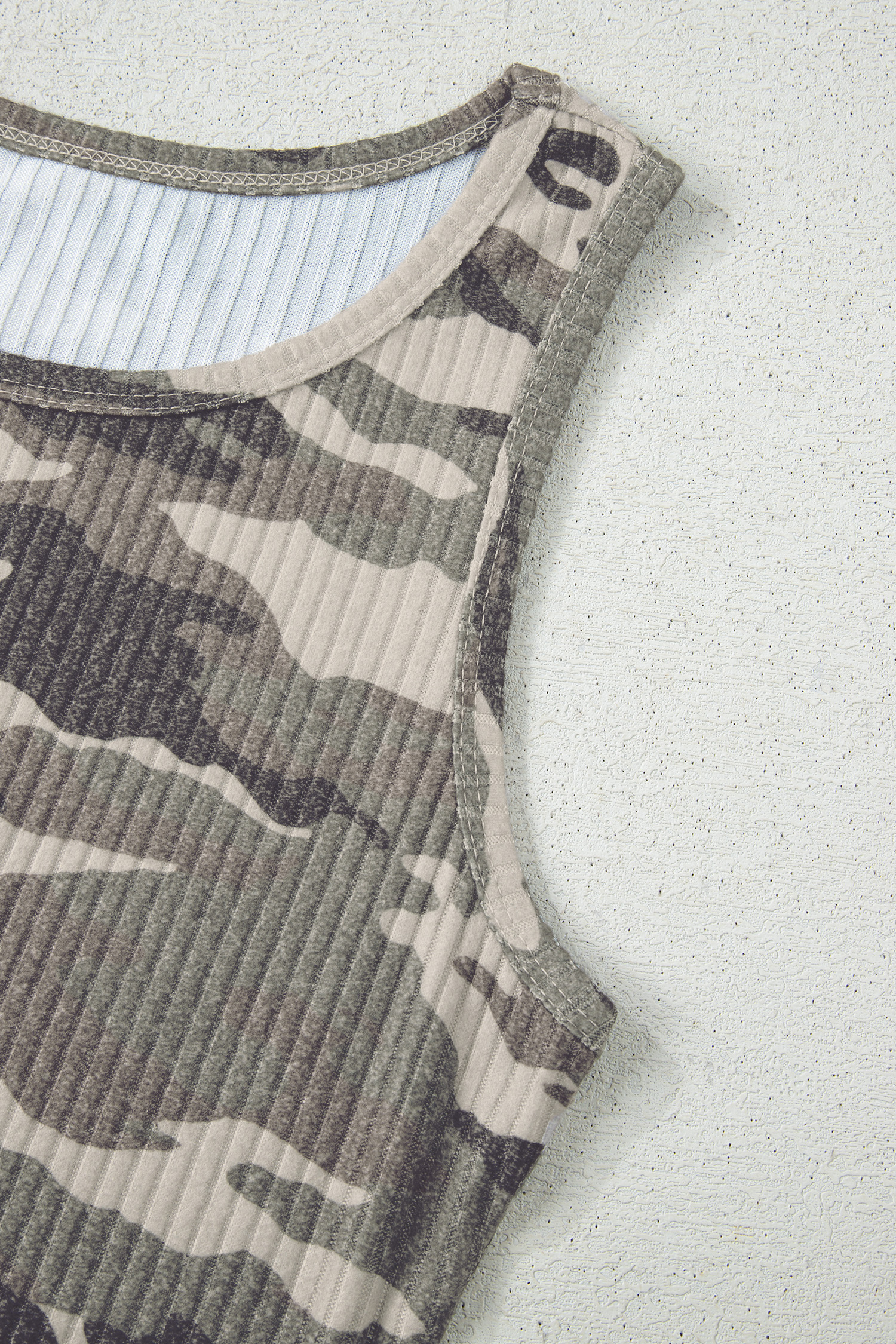 Gray Camouflage Print Ribbed Knit Round Neck Tank Top