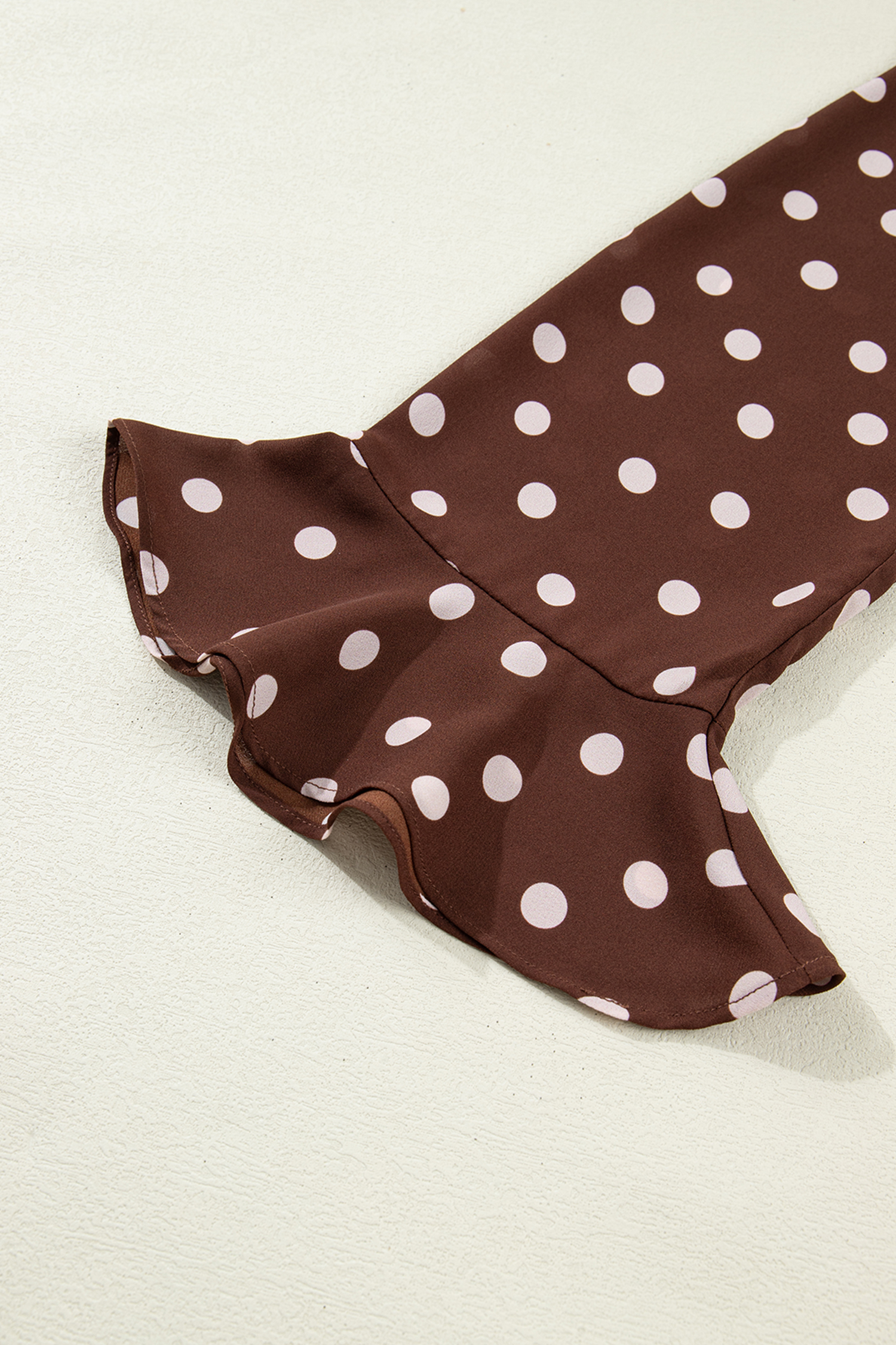 Coffee Polka Dot Print Ruffle Trim V Neck Long Bell Sleeve Blouse