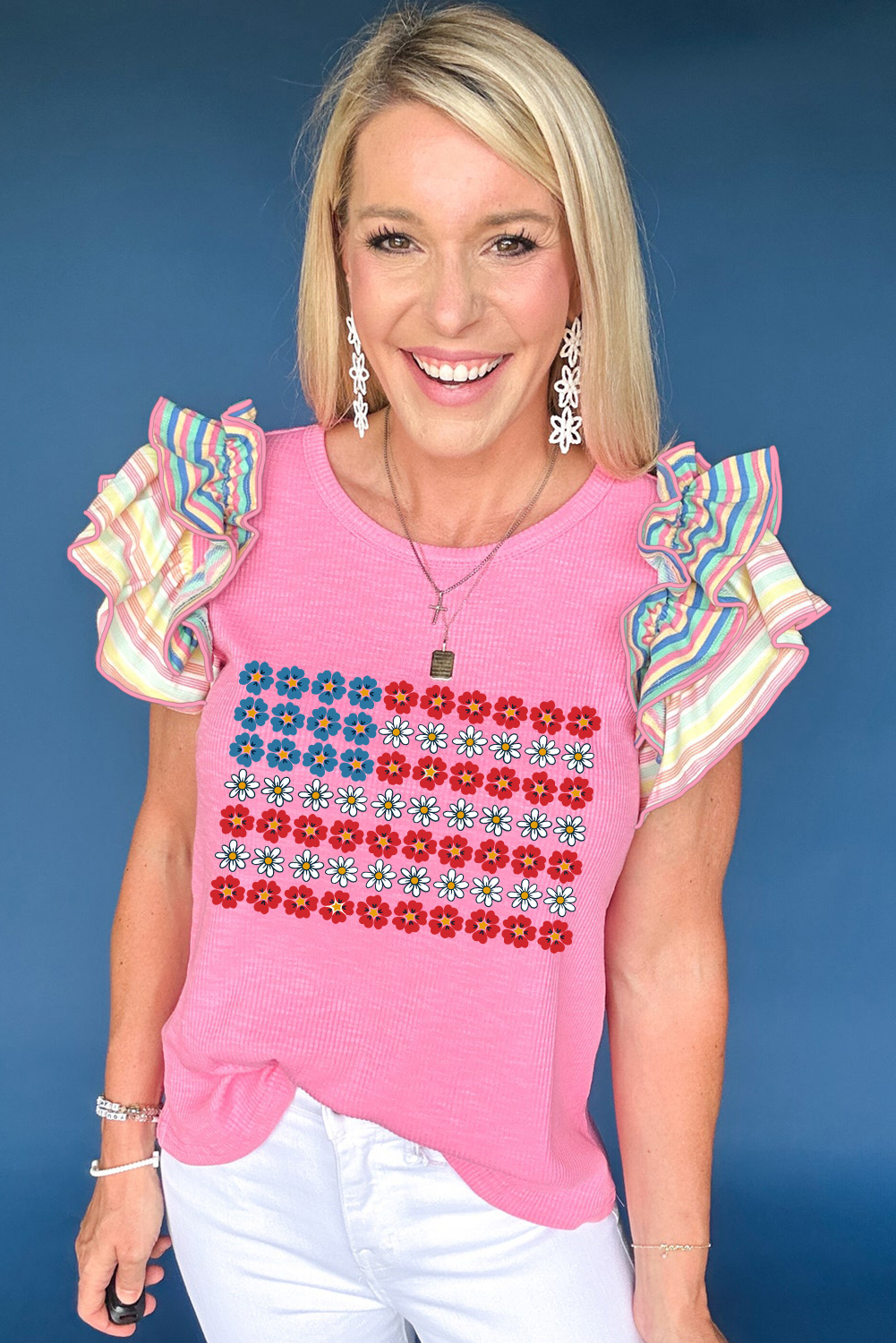 Bonbon Striped Ruffle Flutter Sleeve Ribbed Blouse