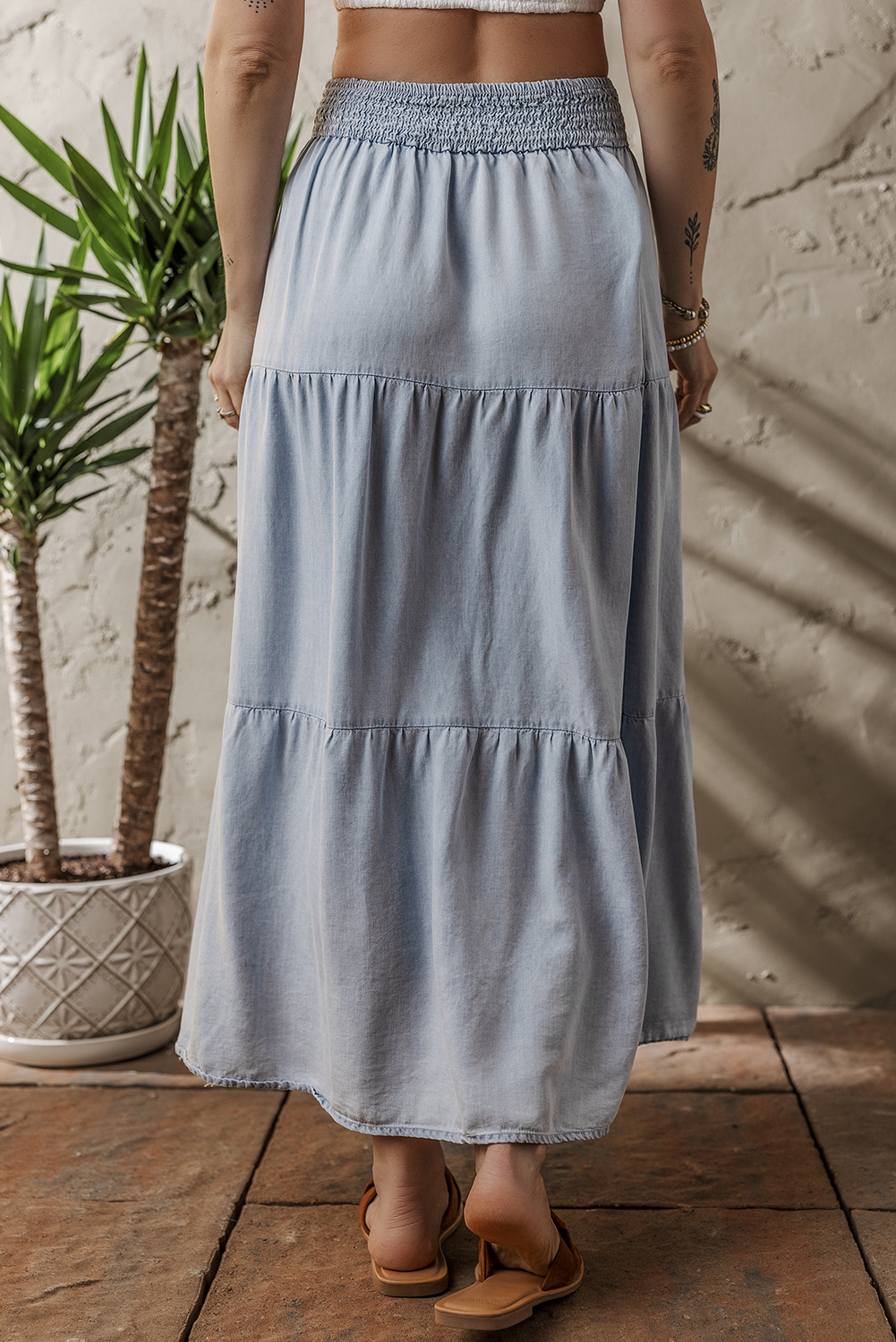 Beau Blue Tiered Smocked High Waist Denim Maxi Skirt