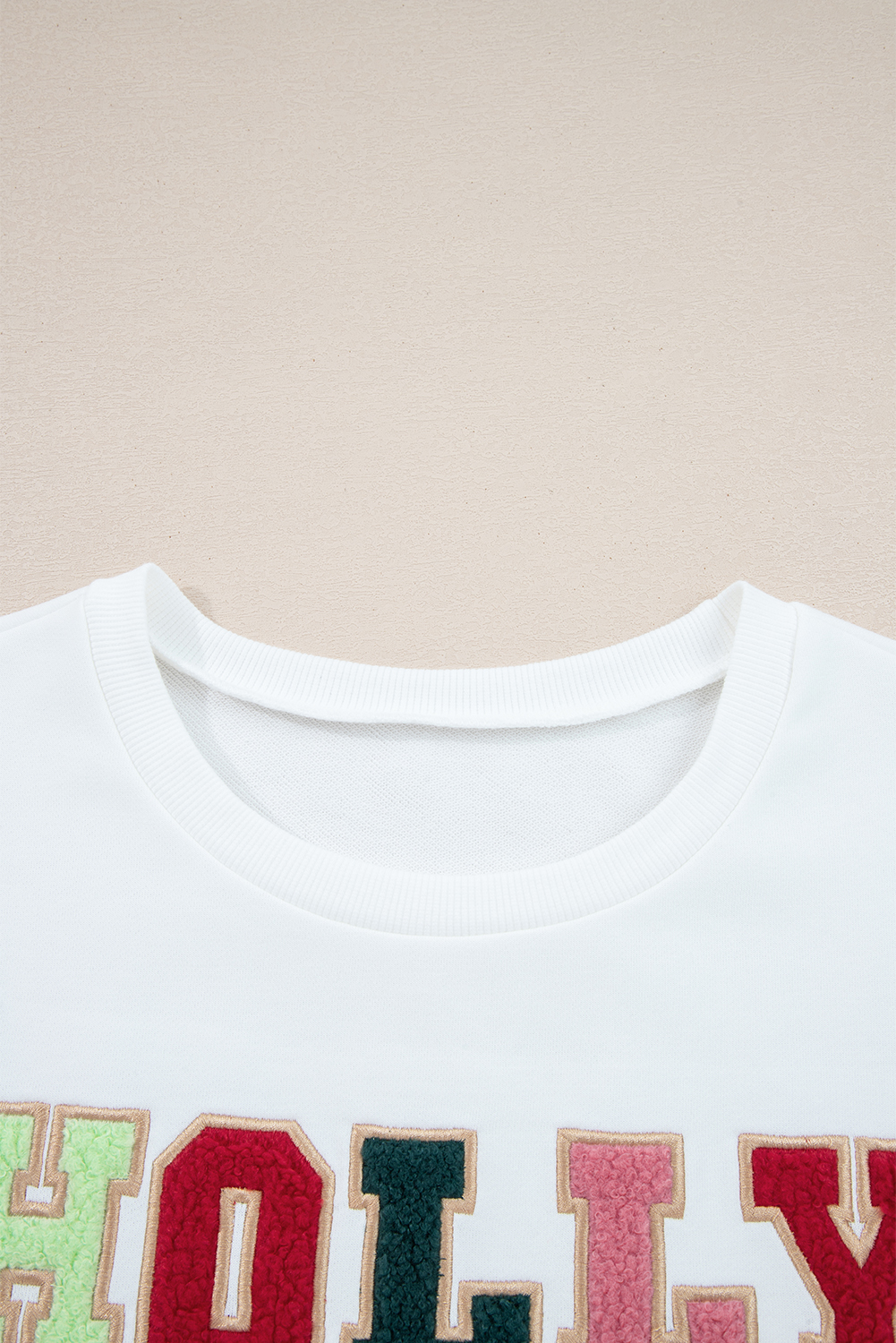 White HOLLY JOLLY Embroidered Graphic Pullover Sweatshirt