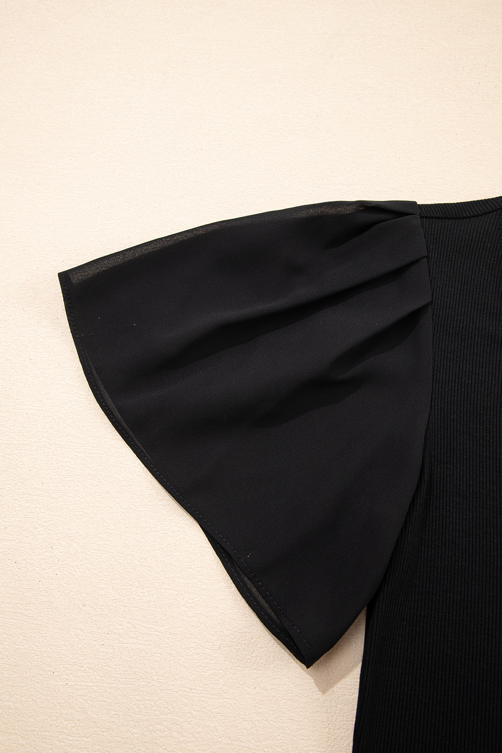 Black Mesh Ruffled Sleeve Slim Fit V Neck Top