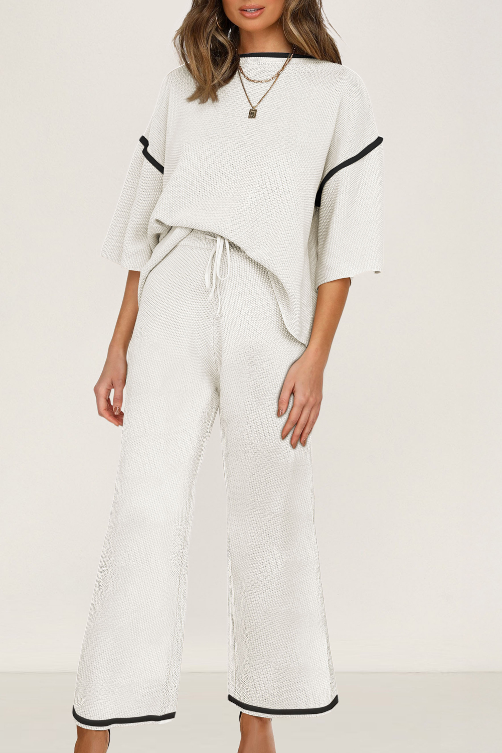 Blackish Green Contrast Trim Half Sleeve Top Drawstring Pants Loose 2pcs Sweater Suit