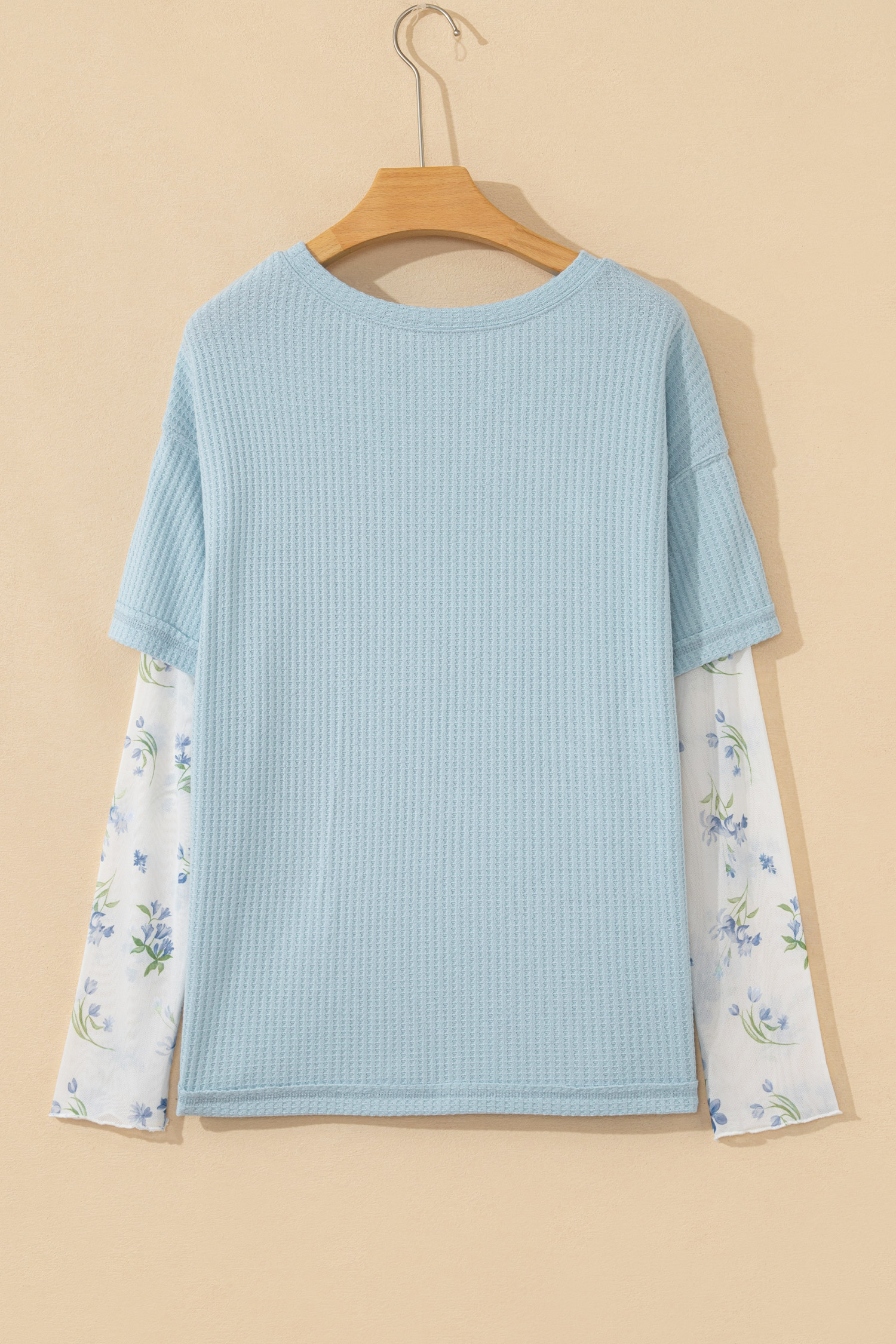 Beau Blue Floral Lace Sleeve Patchwork Waffle Fake Two-piece Top