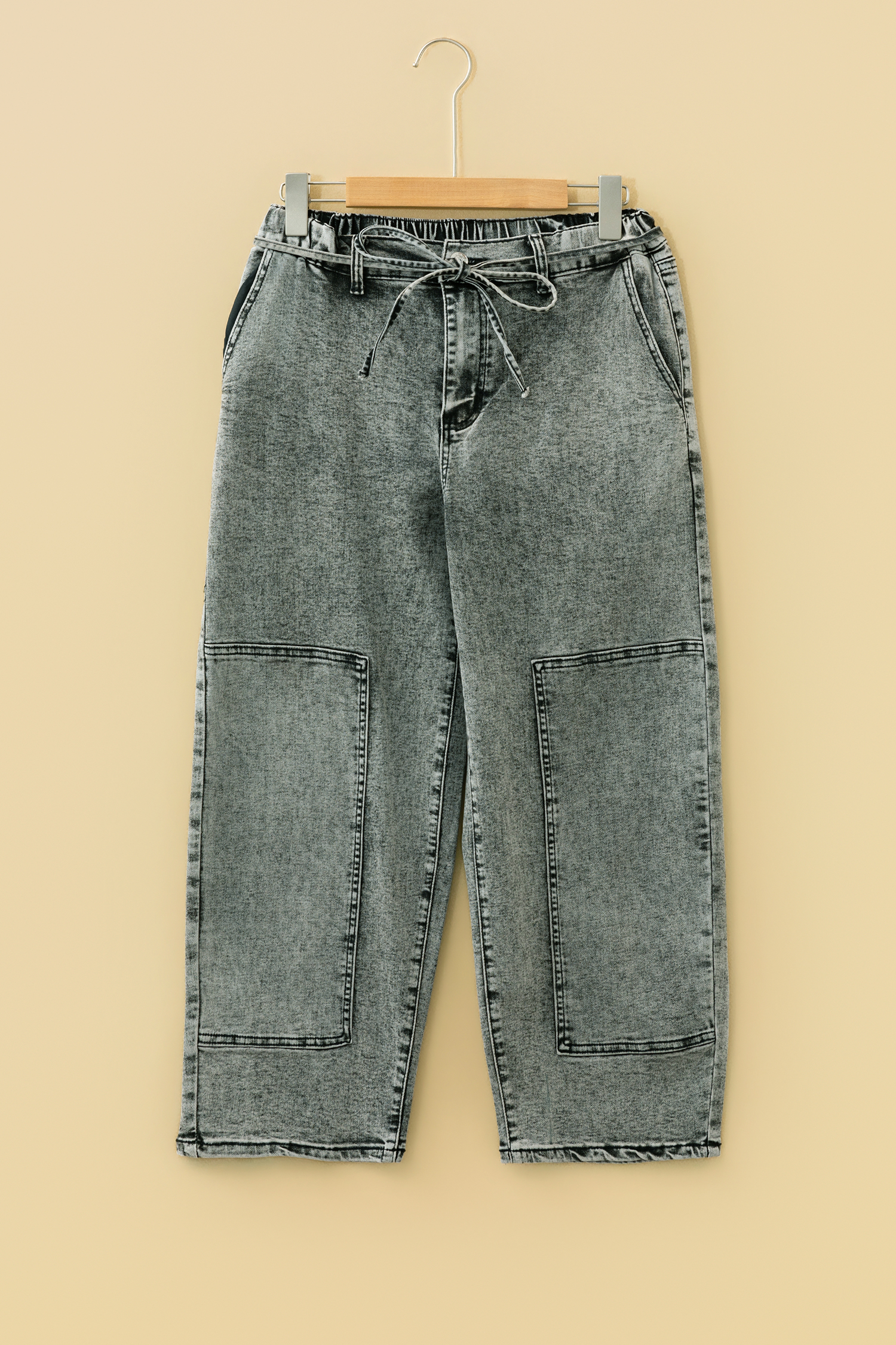 Smoke Gray Acid Wash Barrel Fit Denim Pants with Waist String