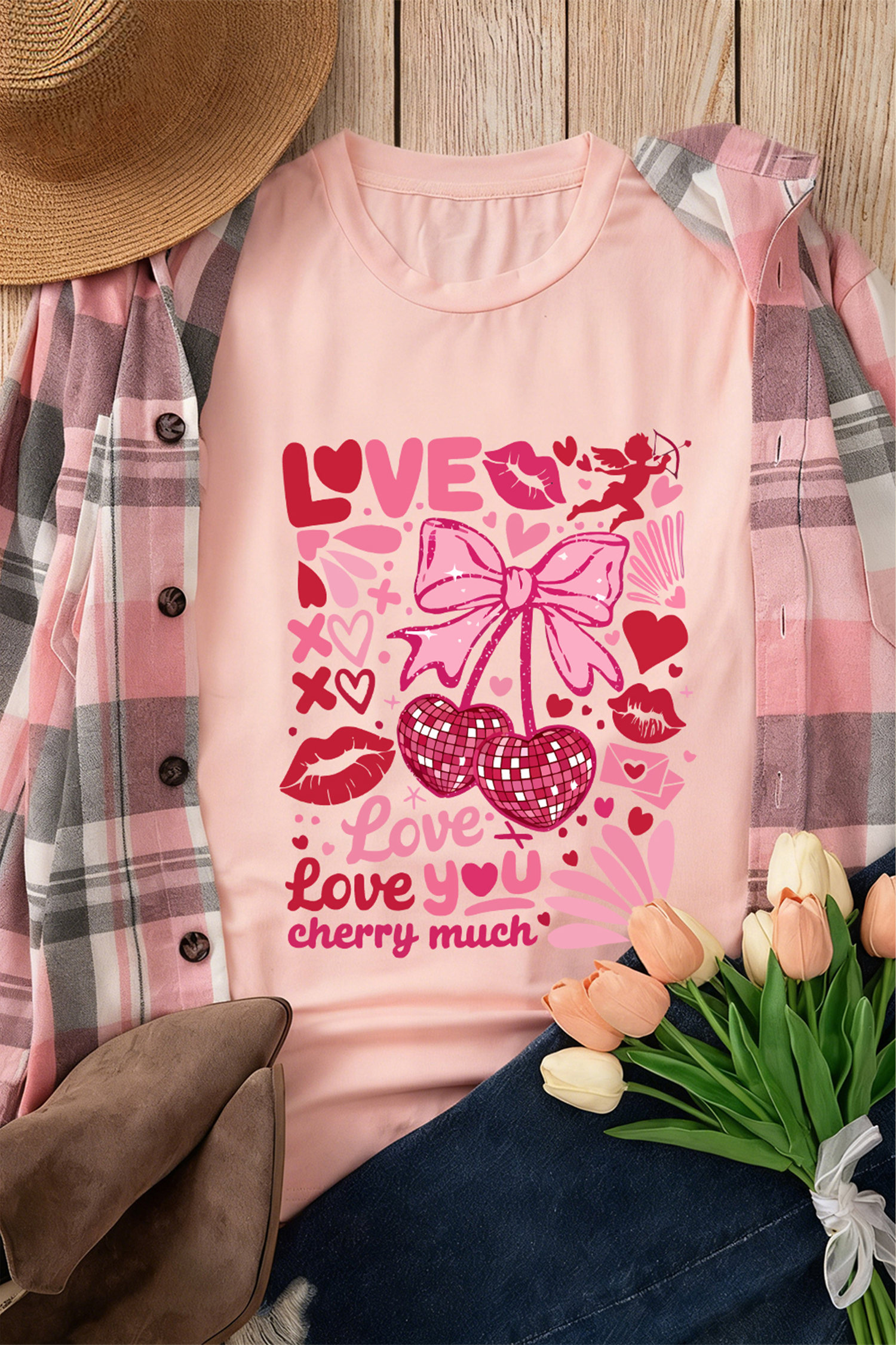 Pink Love You Cherry Much Valentines Day Graphic Tee