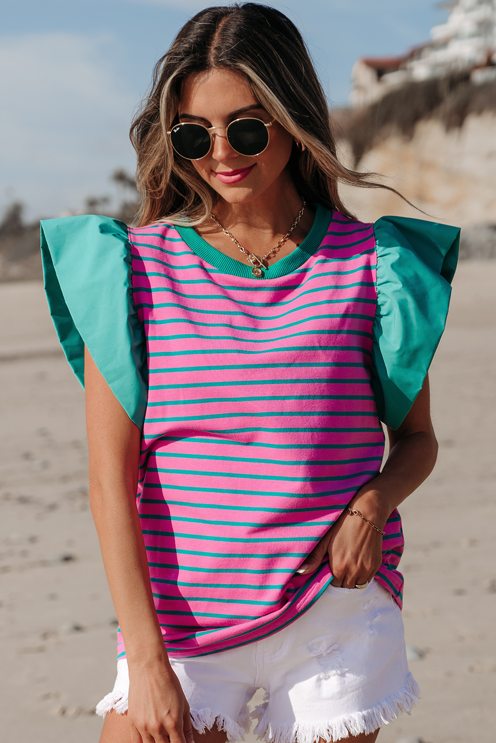 Pink Stripe Collared V Neck Puff Sleeve T Shirt Dress