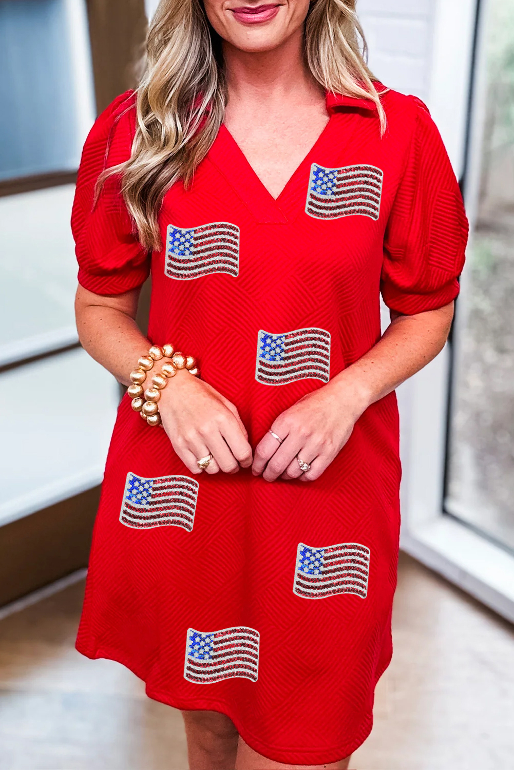 Fiery Red Sequin American Flag Patched Polo Collar Textured T Shirt Dress