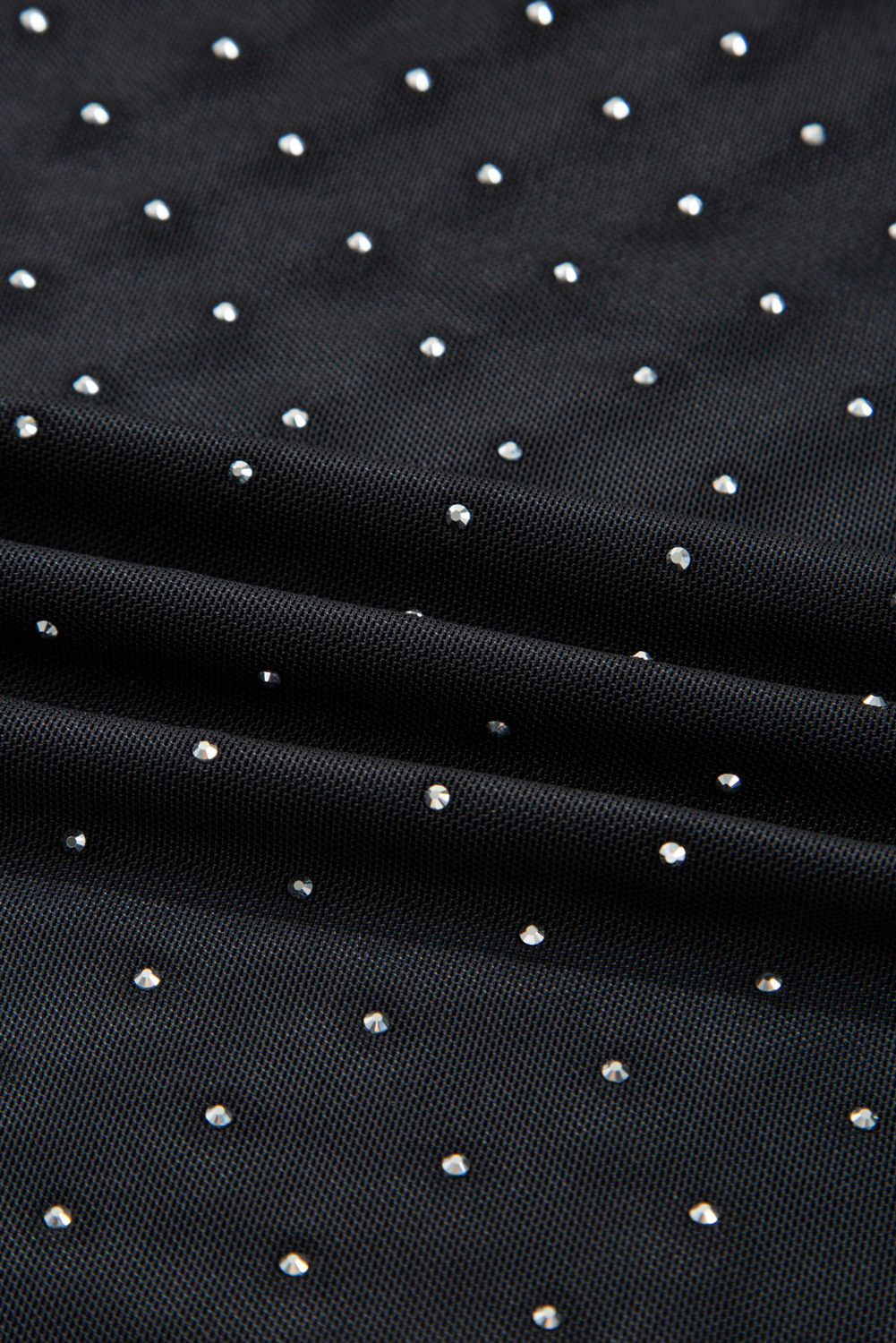 Black Rhinestone Embellished Mesh Long Sleeve Top