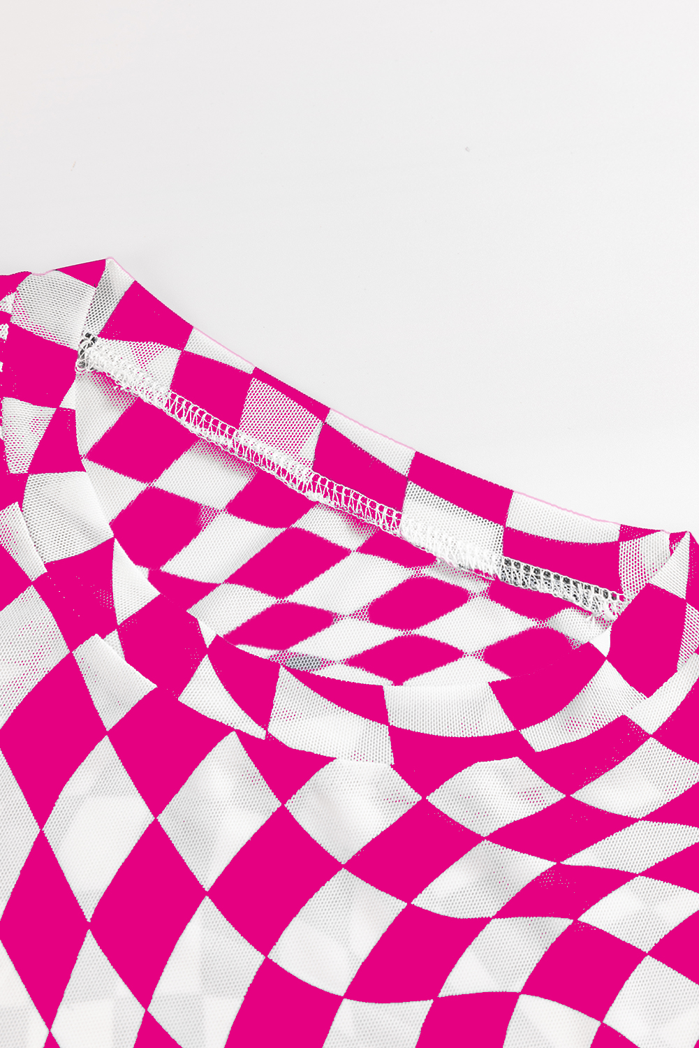 Khaki Checkered Pattern Mesh Mock Neck Long Sleeve Top