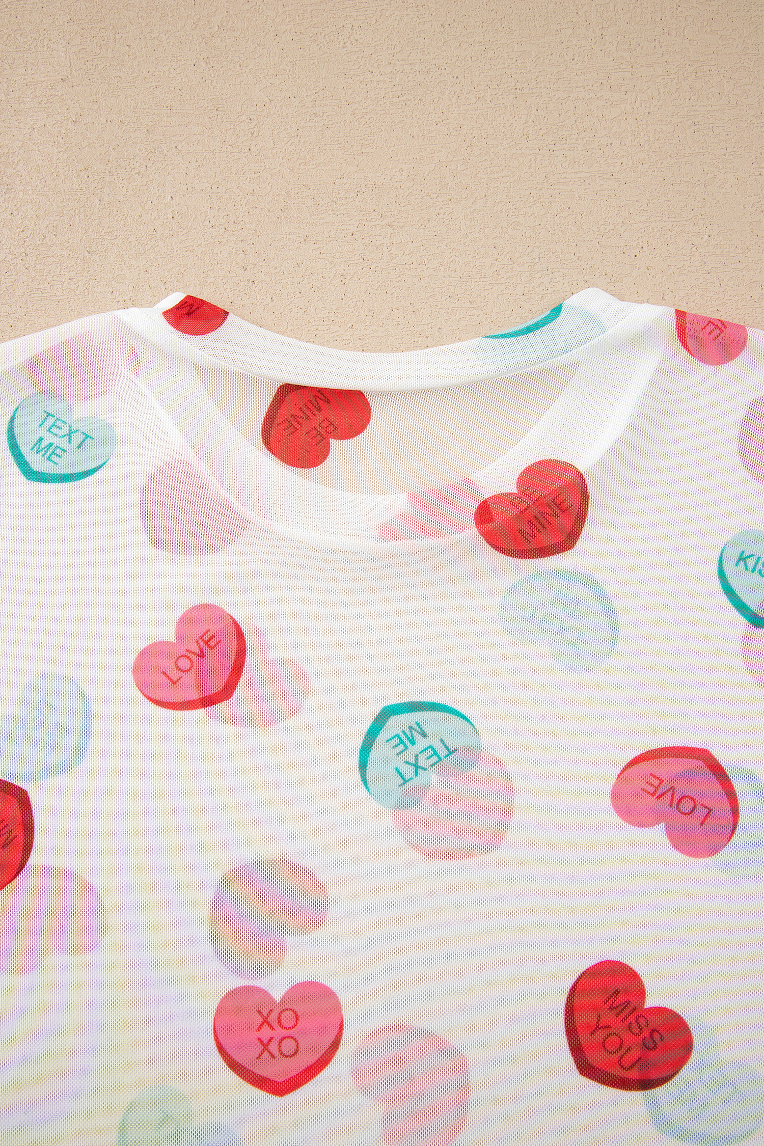 White Sheer Mesh Valentines Slogan Heart Printed Long Sleeve Top