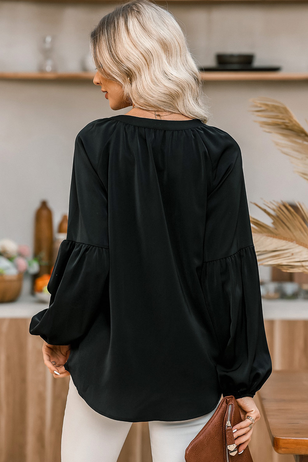 Black V Neck Long Puff Sleeve Top