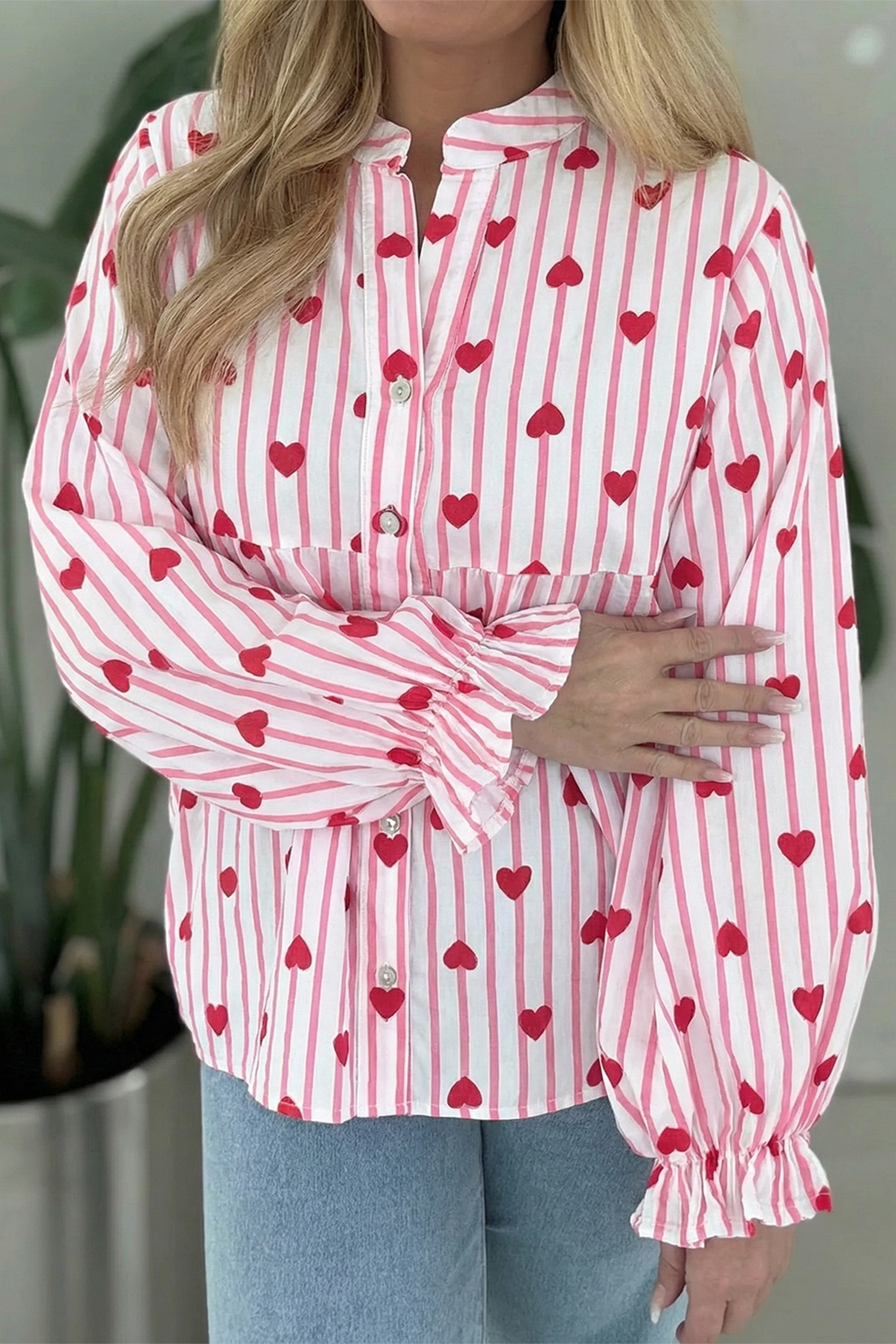 Pink Stripe Textured Heart Print Long Flounce Sleeve Shirt