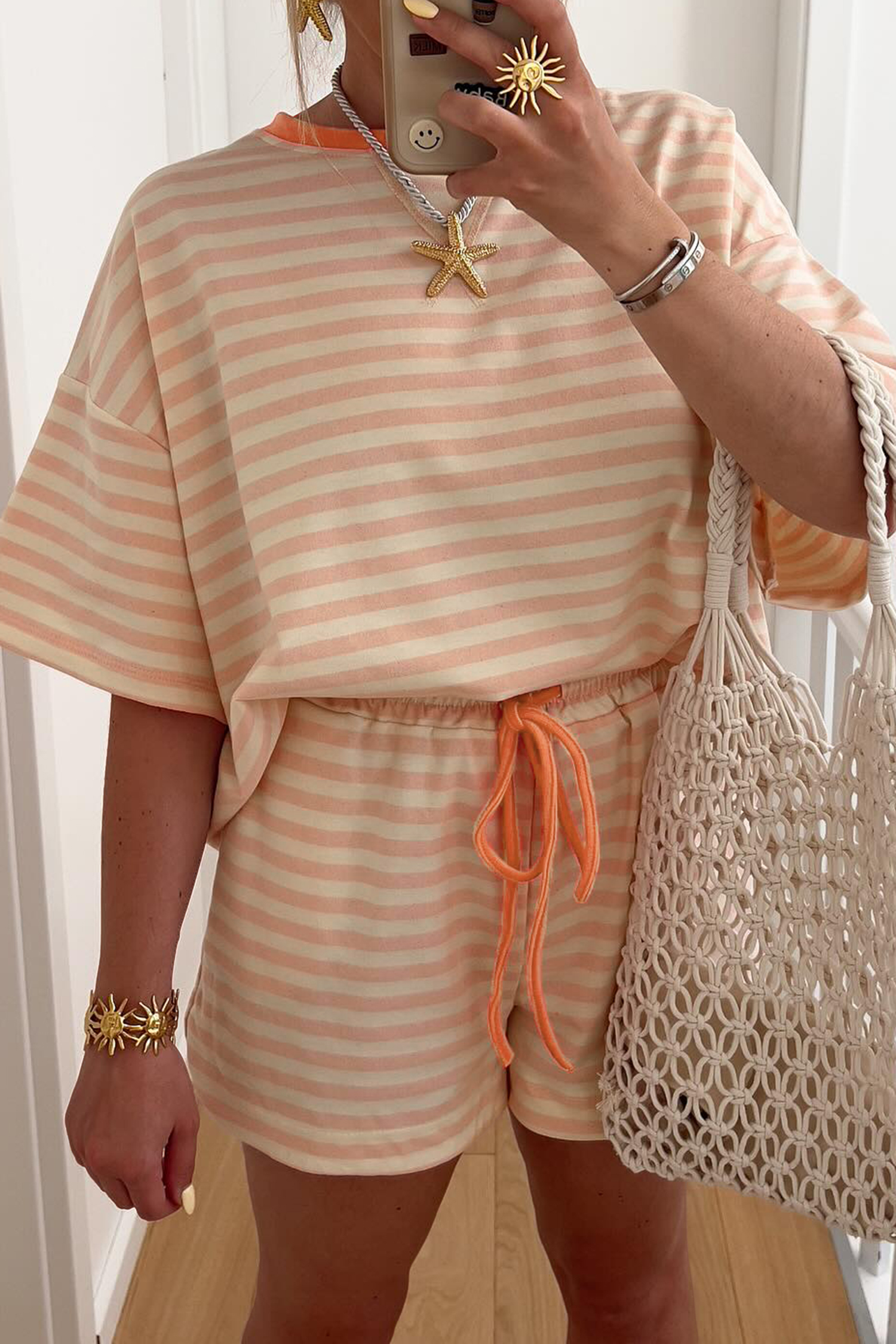 Pink Stripe Contrast Neck Loose Tee and Drawstring Shorts Set