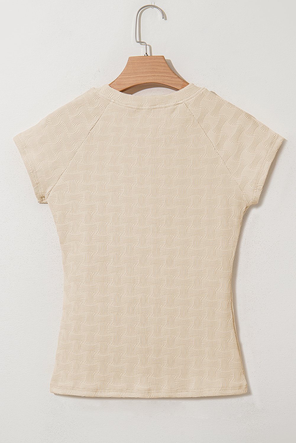 Beige Textured Crew Neck Cap Sleeve Slim Stretchy T Shirt