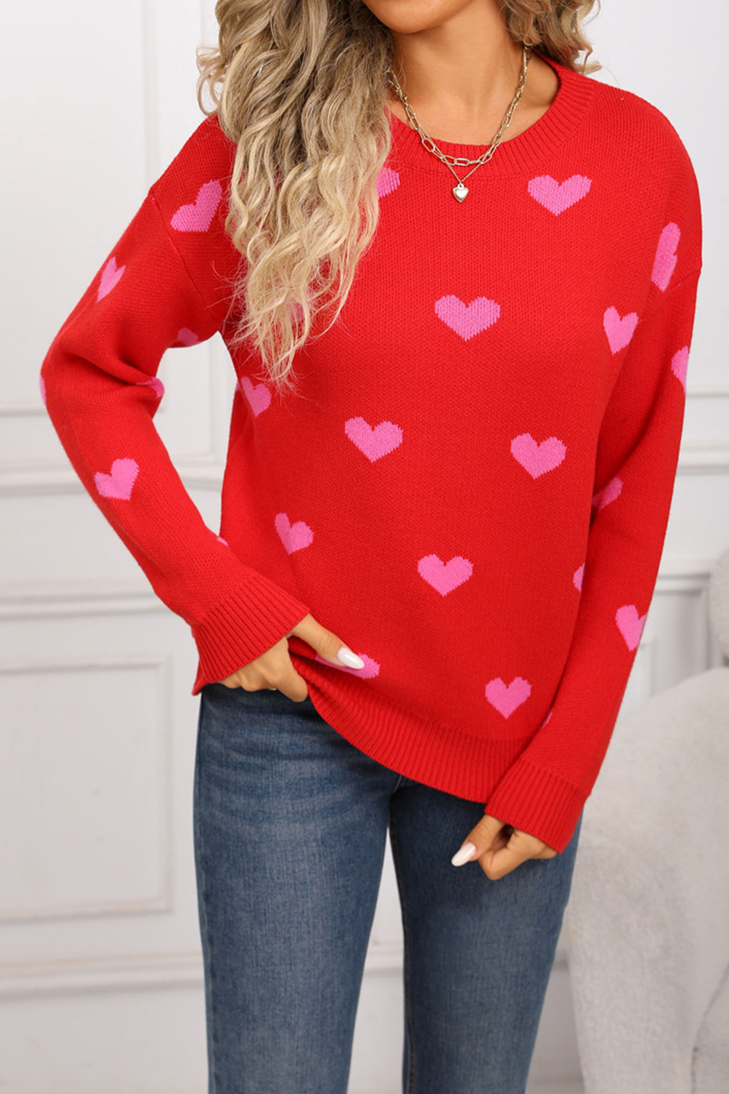 White Classic Round Neck Drop Shoulder Heart Print Sweater