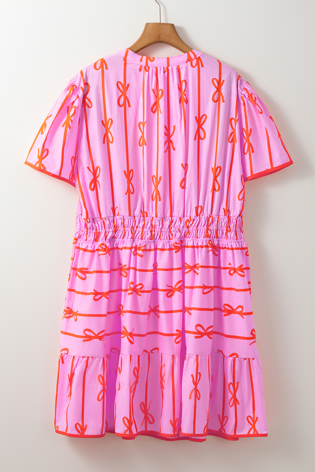 Pink Bowknot Striped Printed Bubble Sleeve Buttoned Belted Mini Dress