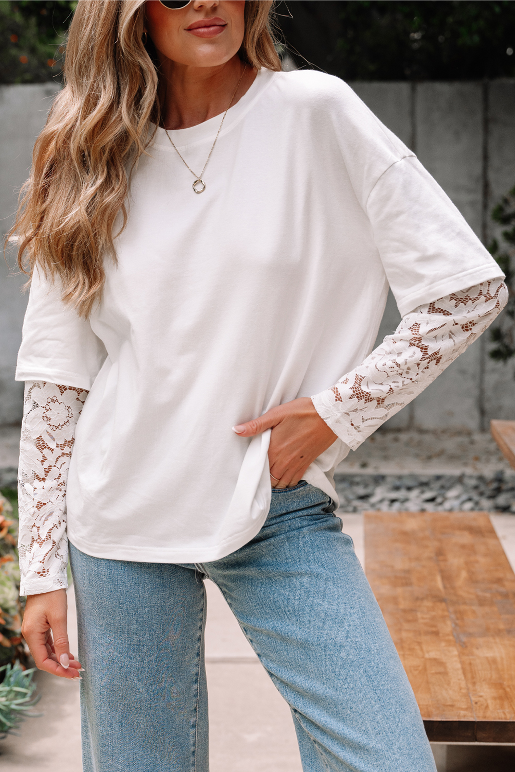 Black Lace Long Sleeve Insert Drop Shoulder Tee