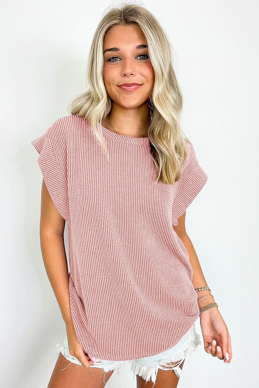 Gray Twisted Rib Wide Sleeve Crew Neck T Shirt