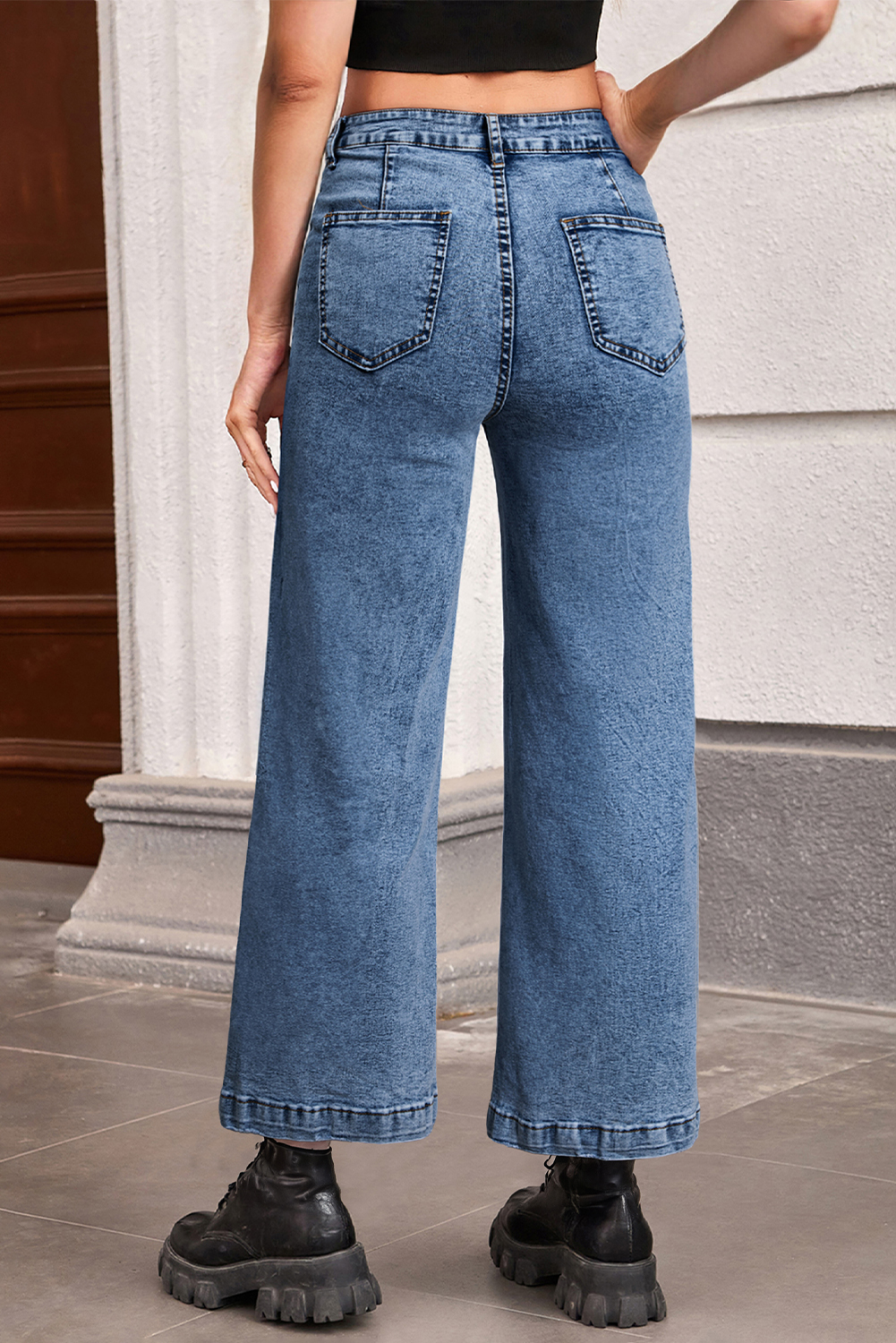 Light Blue Chic Patch Pocket Straight Leg Loose Jeans