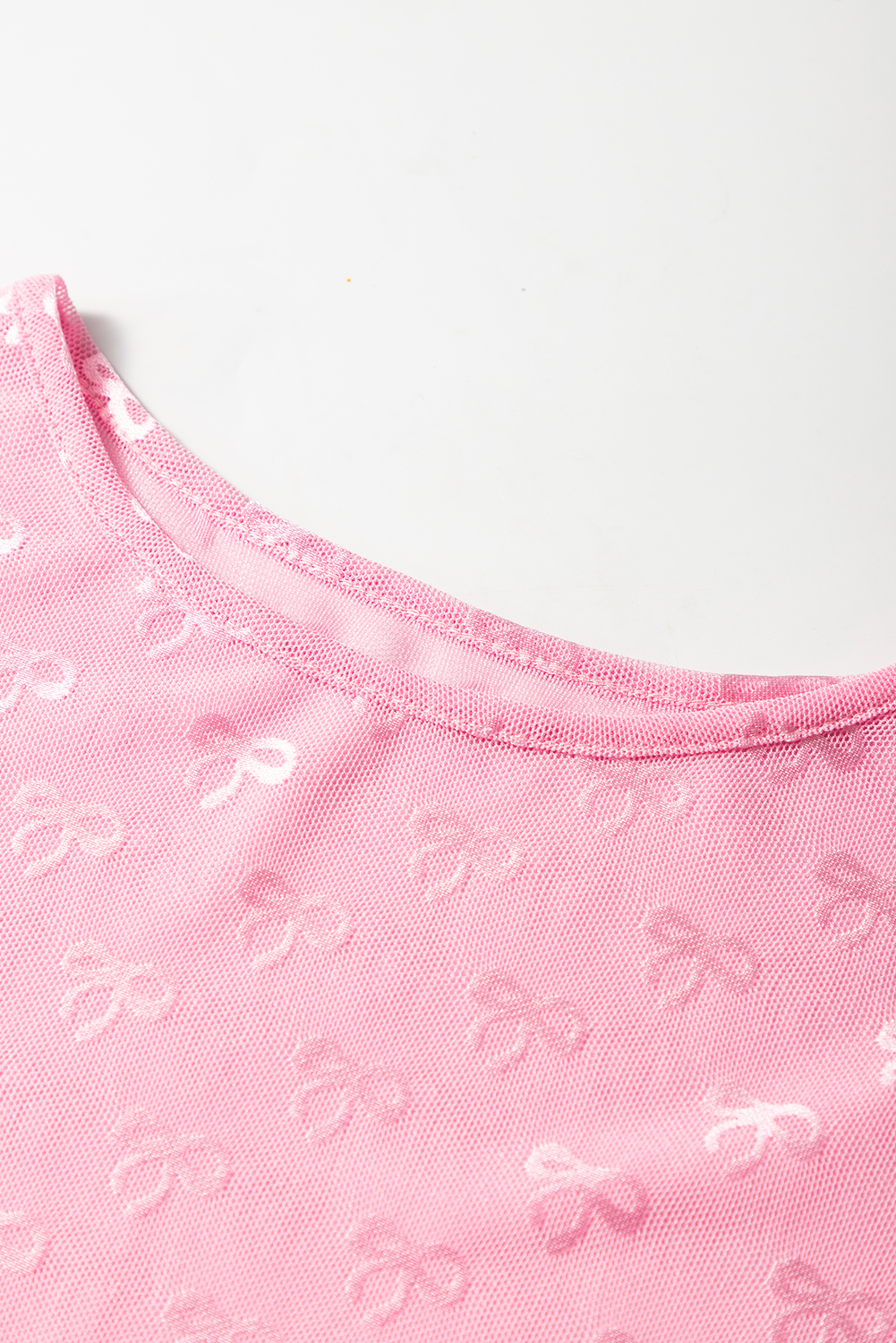 Pink Round Neck Bow Print Long Sleeve Mesh Top