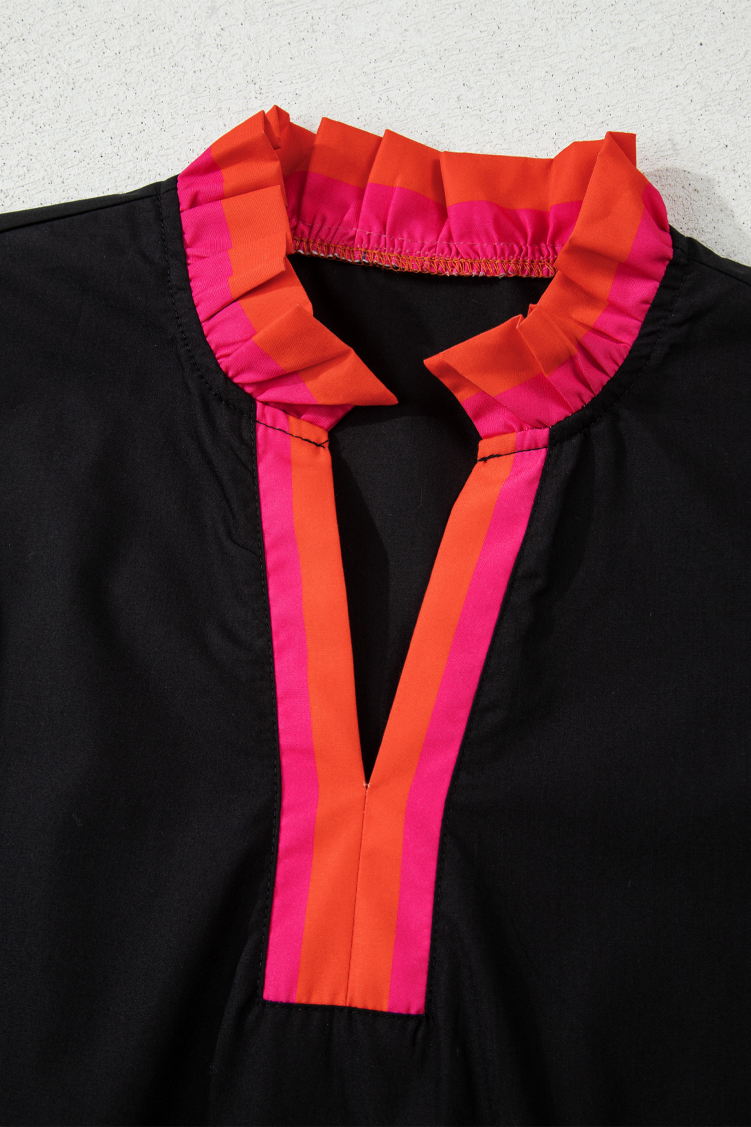 Four Leaf Clover Striped Trim Ruffle Split Neck Long Sleeve Blouse