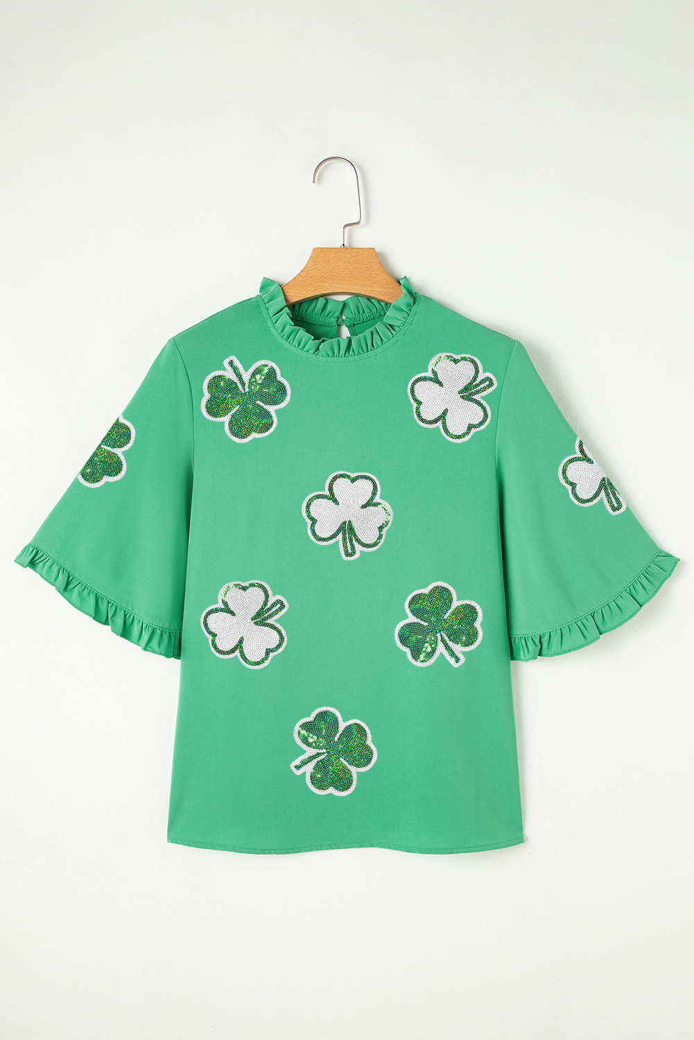 Green Sequin Clover Graphic Ruffled Trim Bell Sleeve St Patrick Blouse