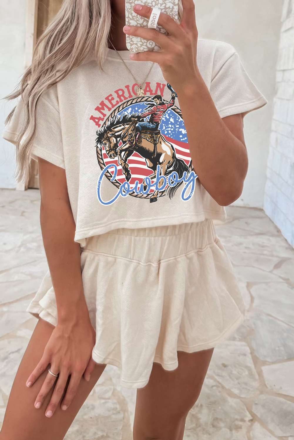 Beige American Cowboy Western Graphic Tee and Ruffle Skort 2pcs Set