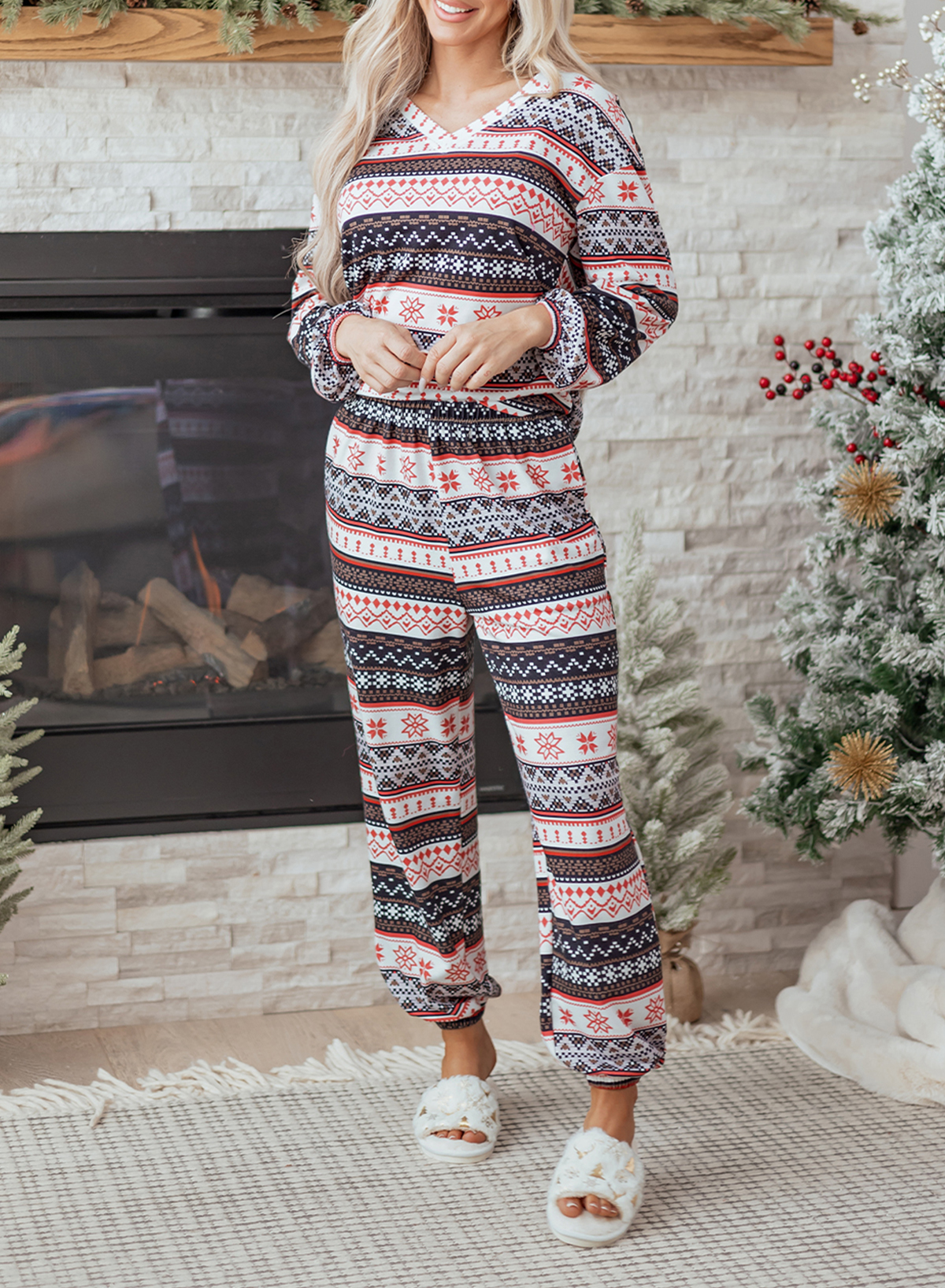 Black Retro Christmas Pattern Loose Pullover 2pcs Lounge Pant Set