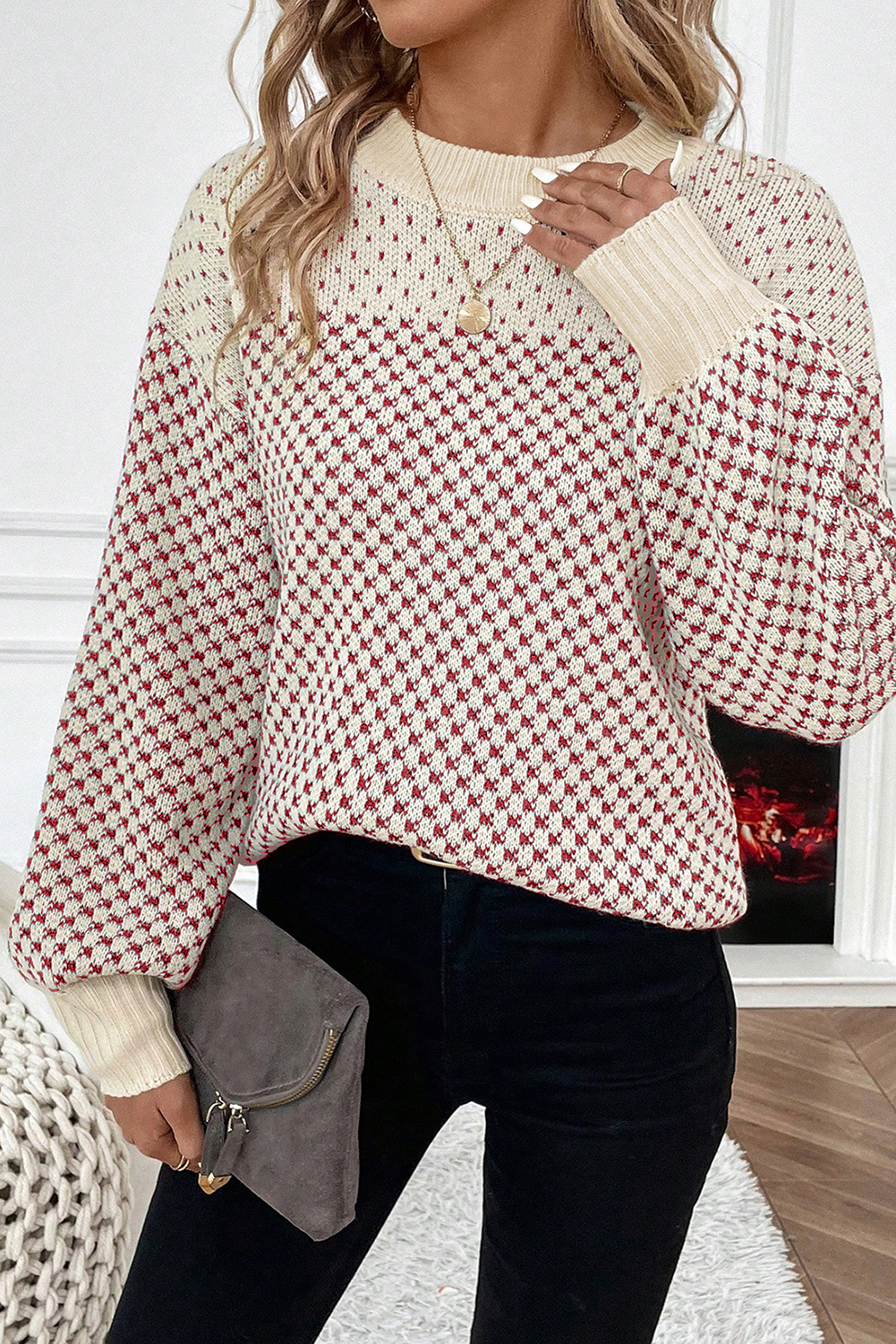 Red Contrast Color Pattern Lantern Sleeve Sweater