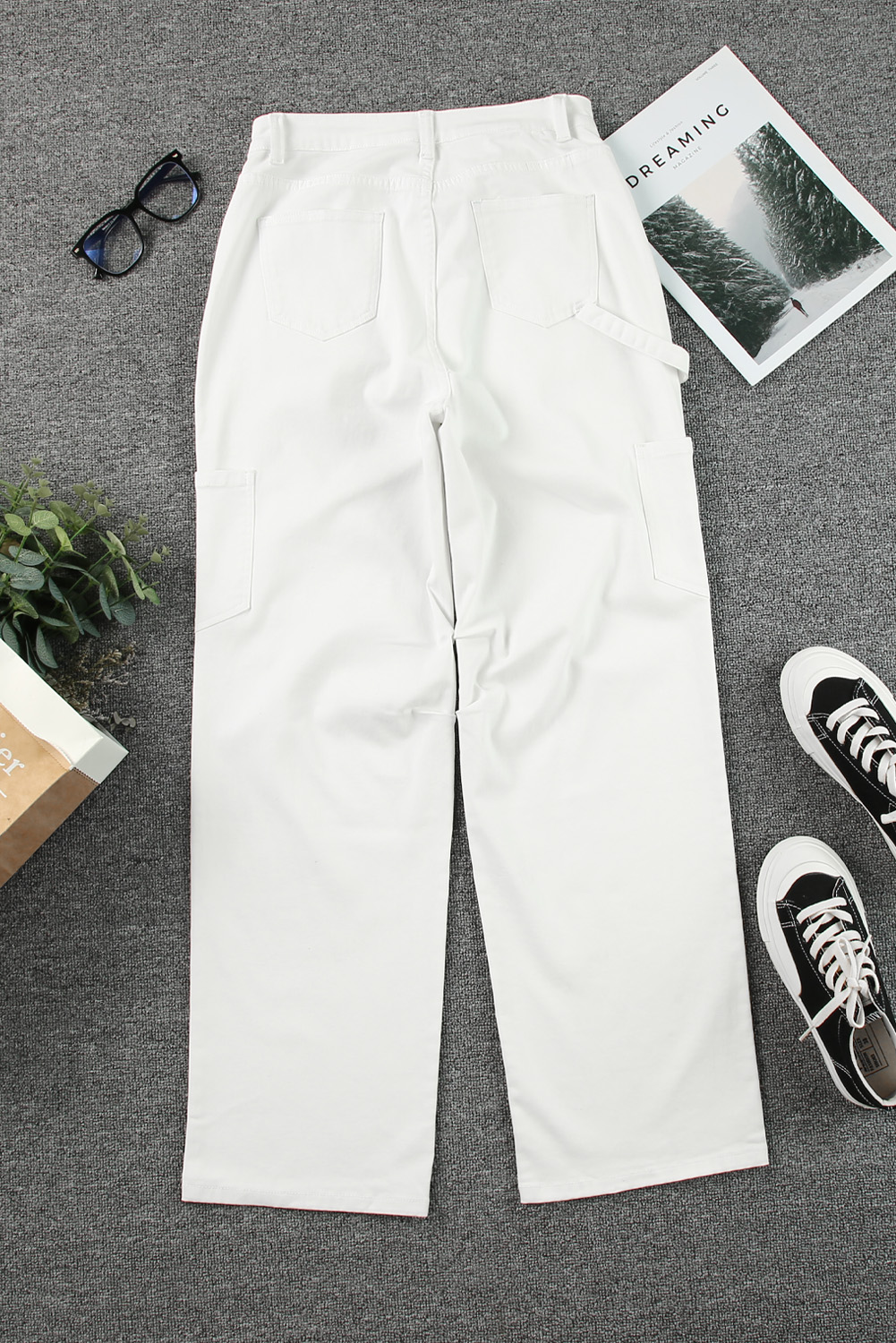 White High Waist Straight Leg Cargo Pants with Pockets