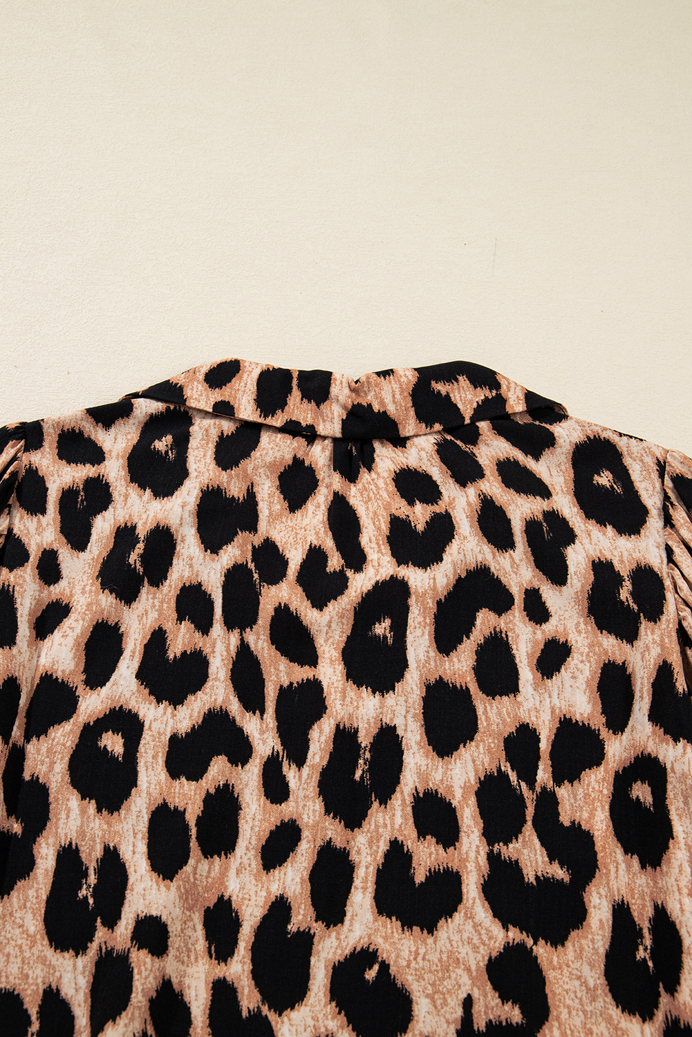 Four Leaf Clover Collared V Neck Smocked Detail Contrast Leopard Trim Bracelet Sleeve Long Dress