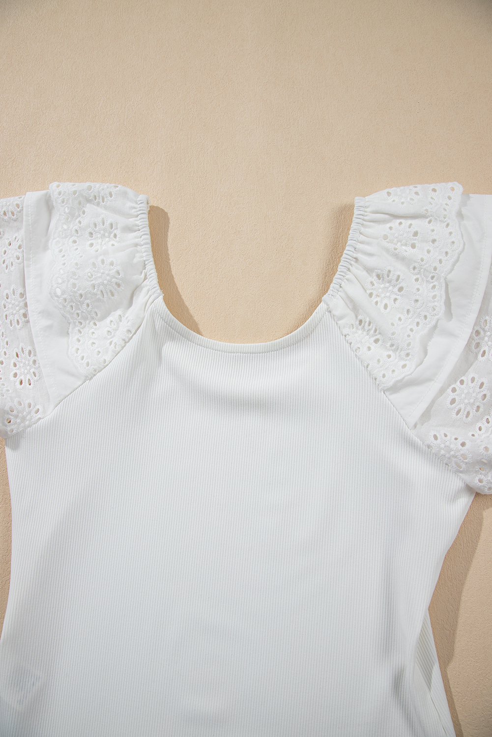 White Eyelet Ruffle Sleeve Slim Fitted Top
