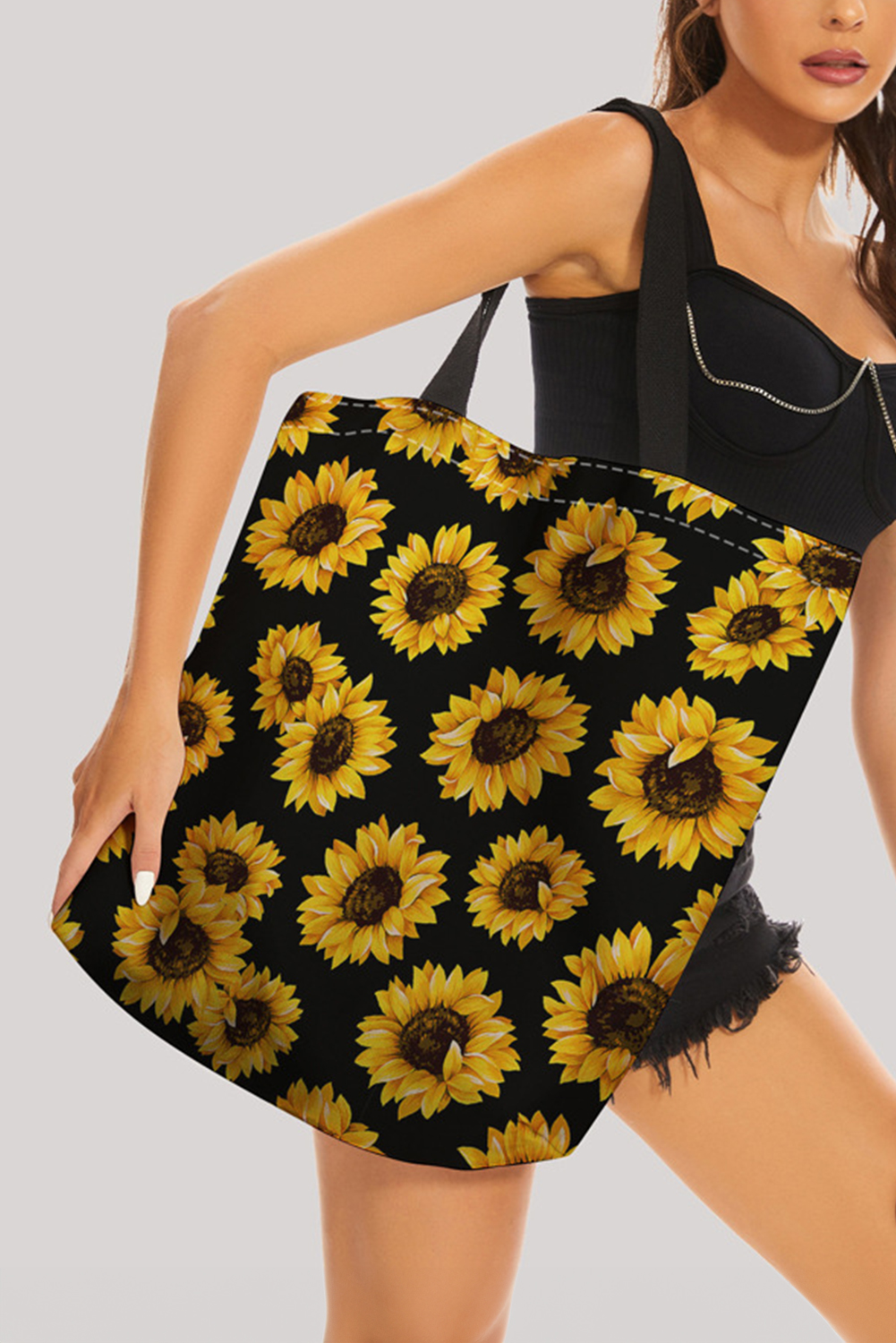 Black Sunflower Digital Print Canvas Tote Bag