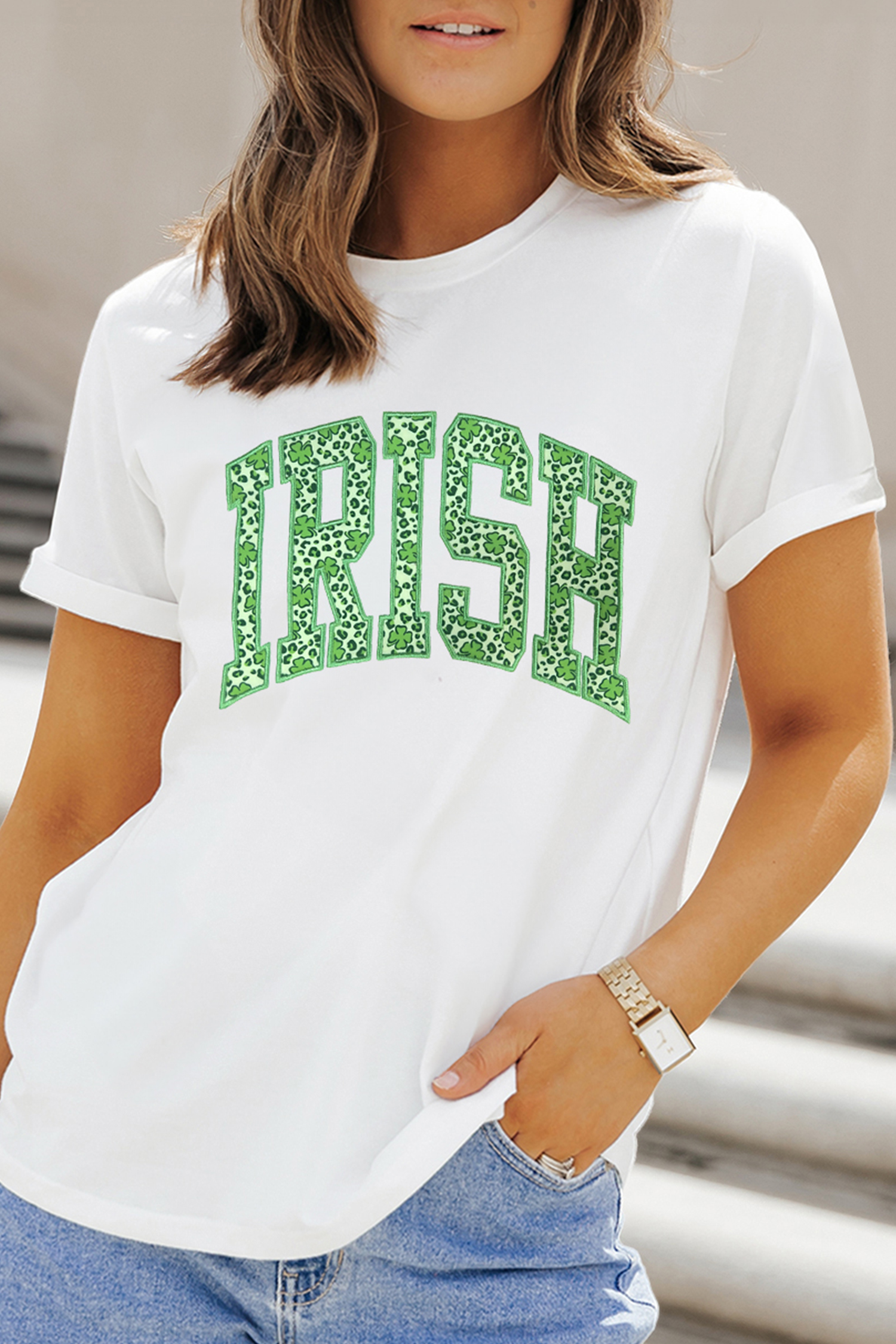 White IRISH Leopard Clover Embroidered Patch Graphic Tee