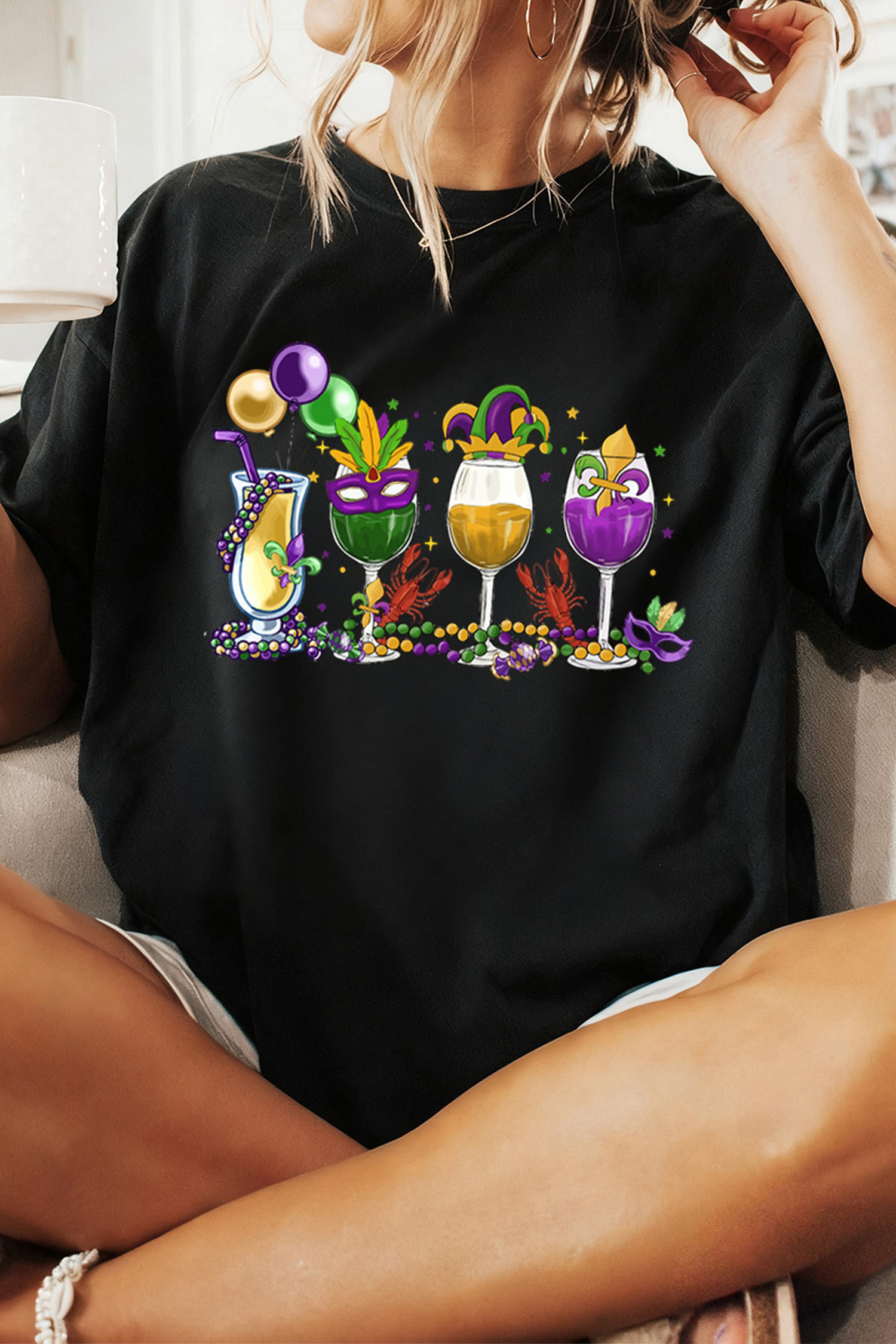 Black Cheerful Mardi Gras Drinks Crayfish Printed T Shirt