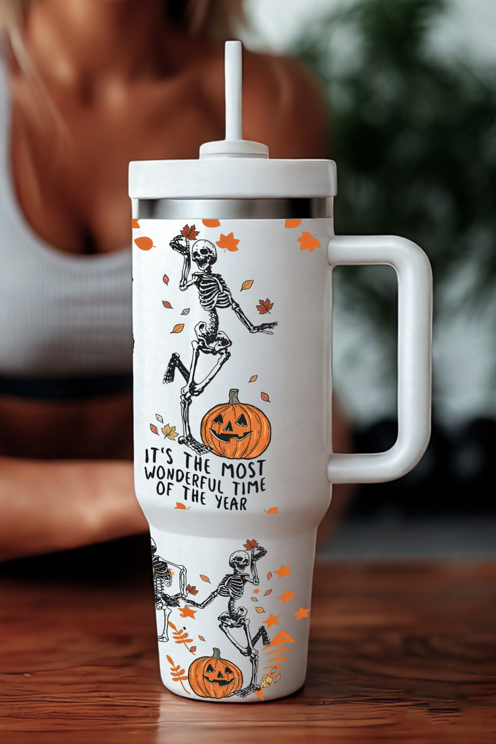 White 1200ml Halloween Dancing Skeleton Pumpkin Face Printed Thermos Cup
