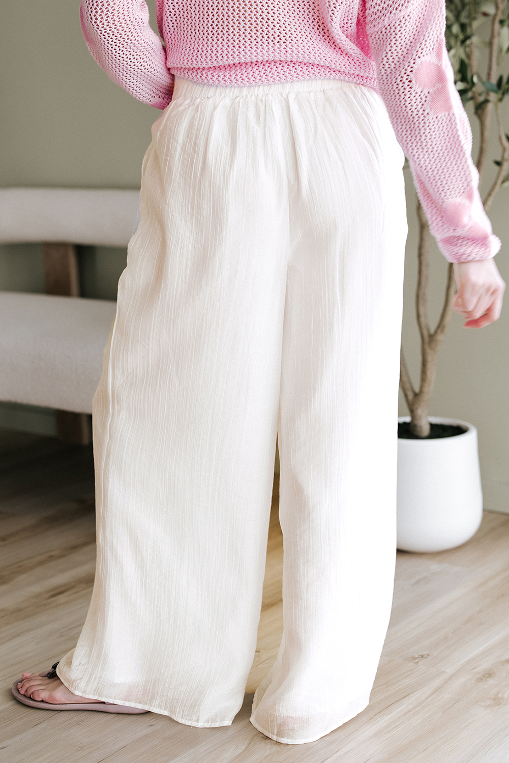 White Solid Drop Waist Pleated Wide Leg Casual Pants
