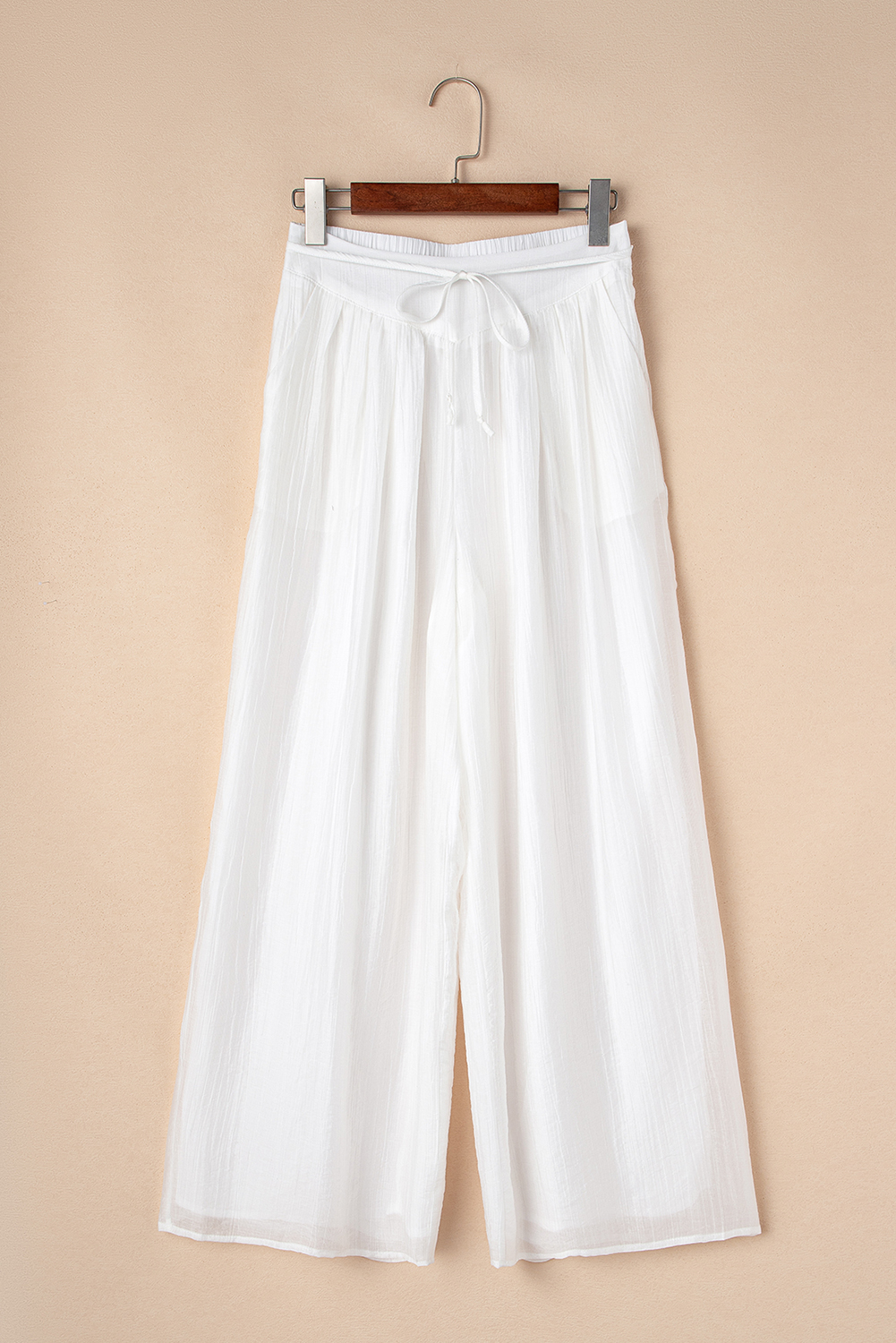 White Solid Drop Waist Pleated Wide Leg Casual Pants